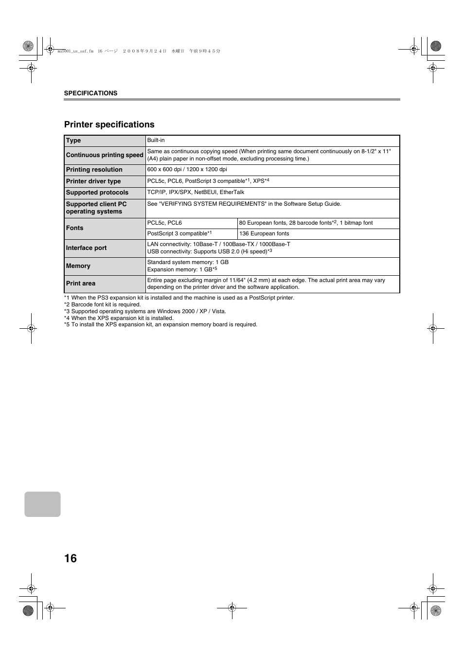 Printer specifications | Sharp MX-4100N User Manual | Page 18 / 28