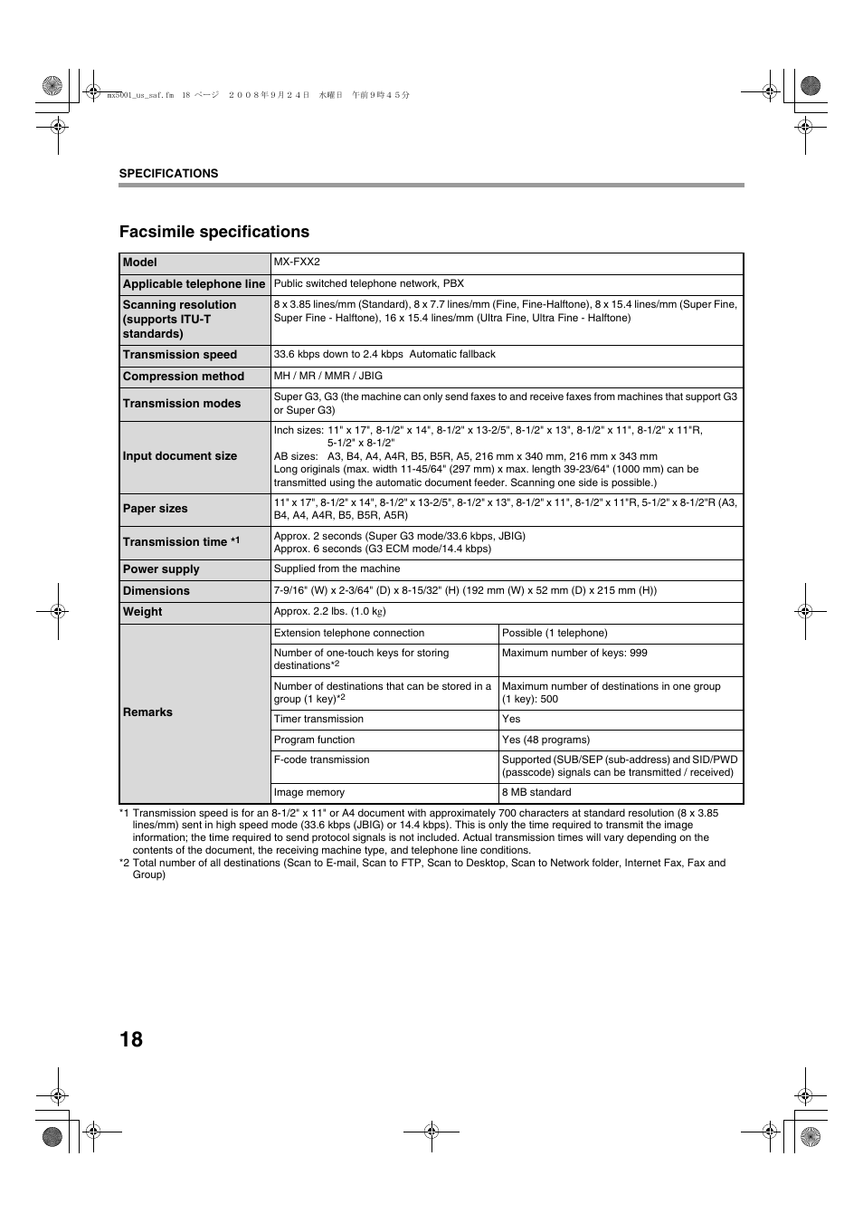 Facsimile specifications | Sharp MX-4100N User Manual | Page 20 / 28