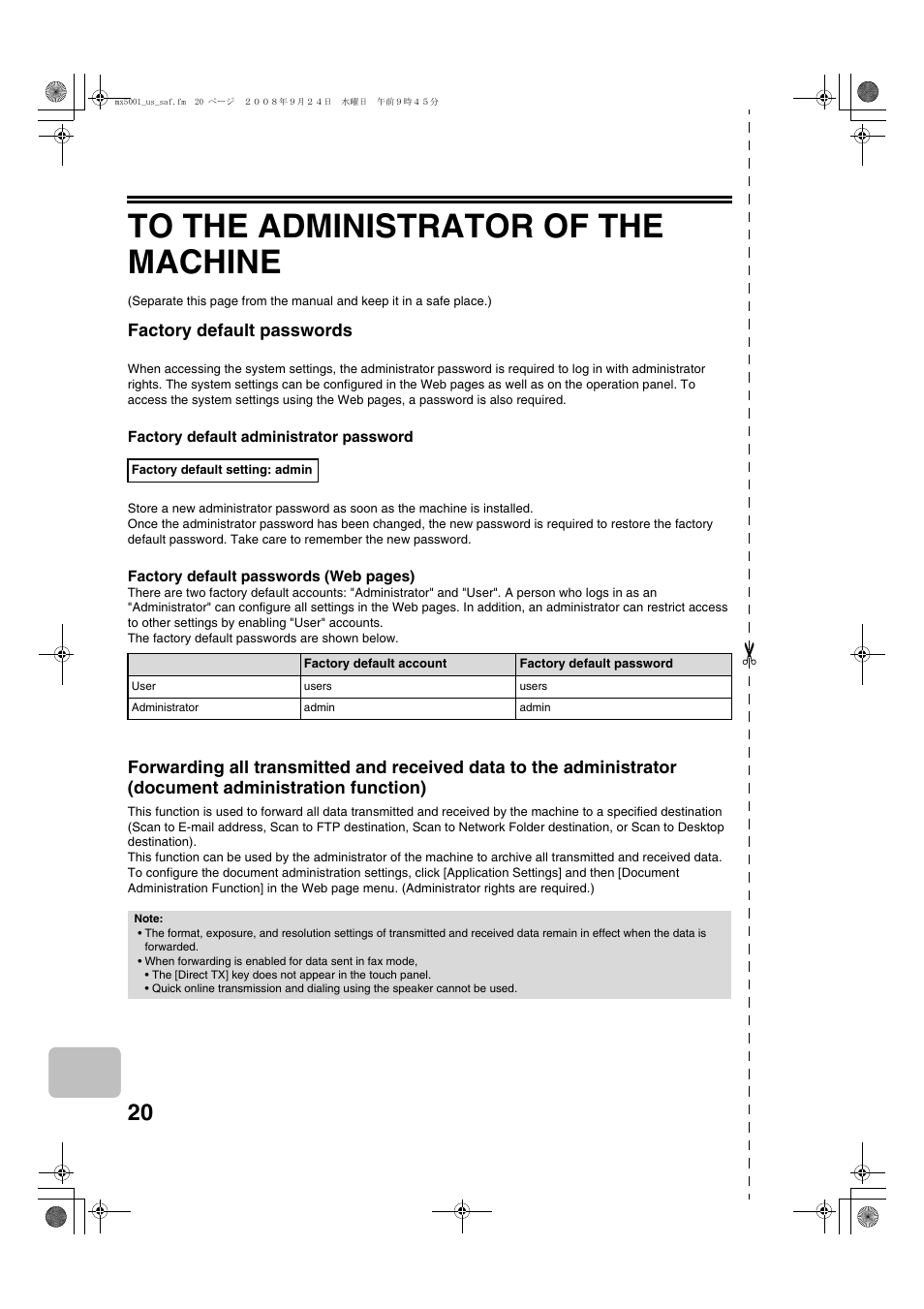 Factory default passwords | Sharp MX-4100N User Manual | Page 22 / 28