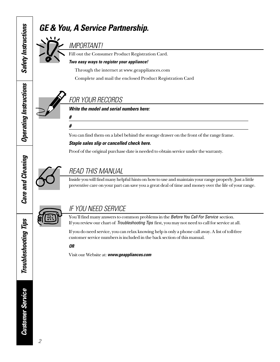 Ge & you, a service partnership, Read this manual, For your records | If you need service, Important | Sharp JB940 User Manual | Page 2 / 40