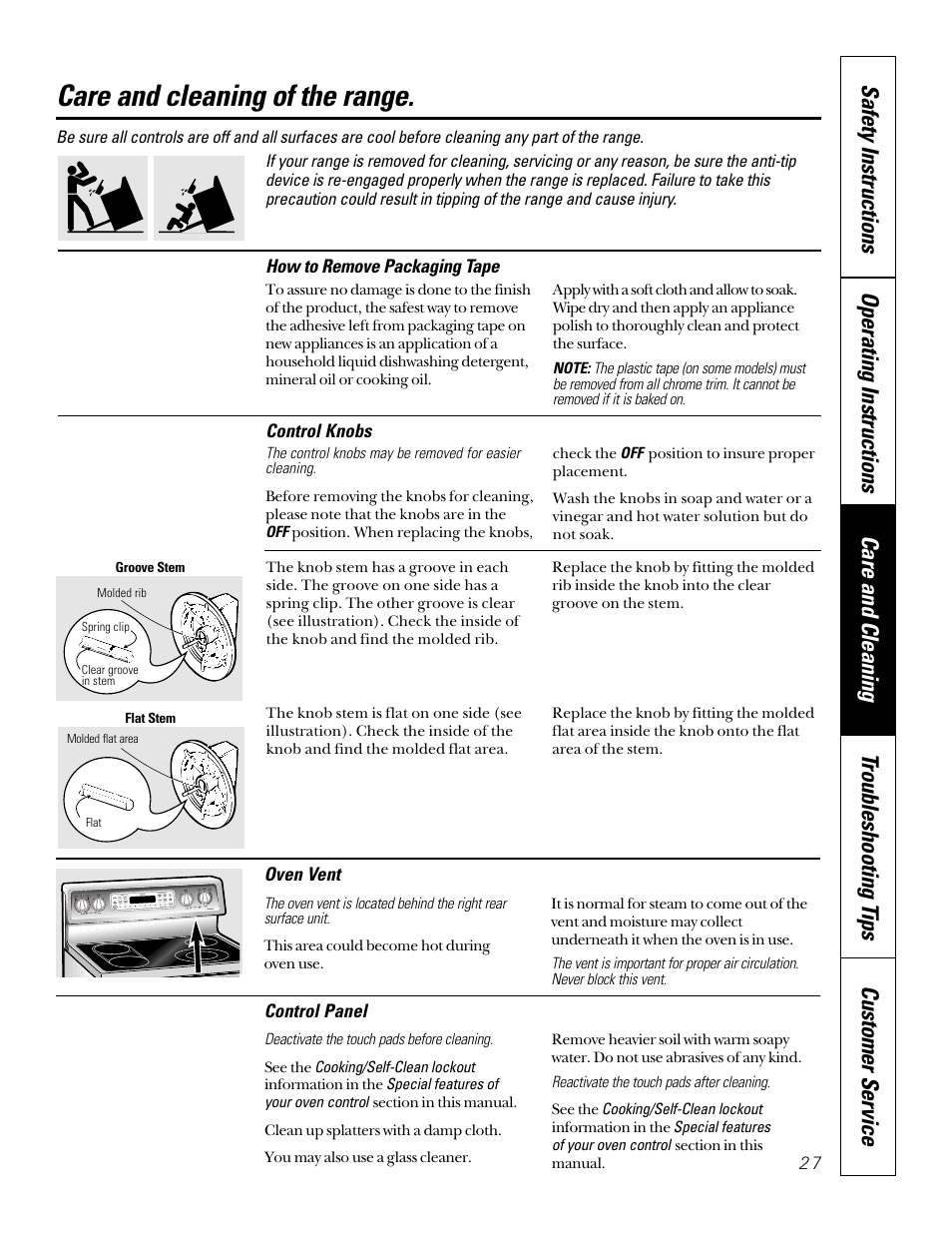 Control knobs, Care and cleaning of the range | Sharp JB940 User Manual | Page 27 / 40