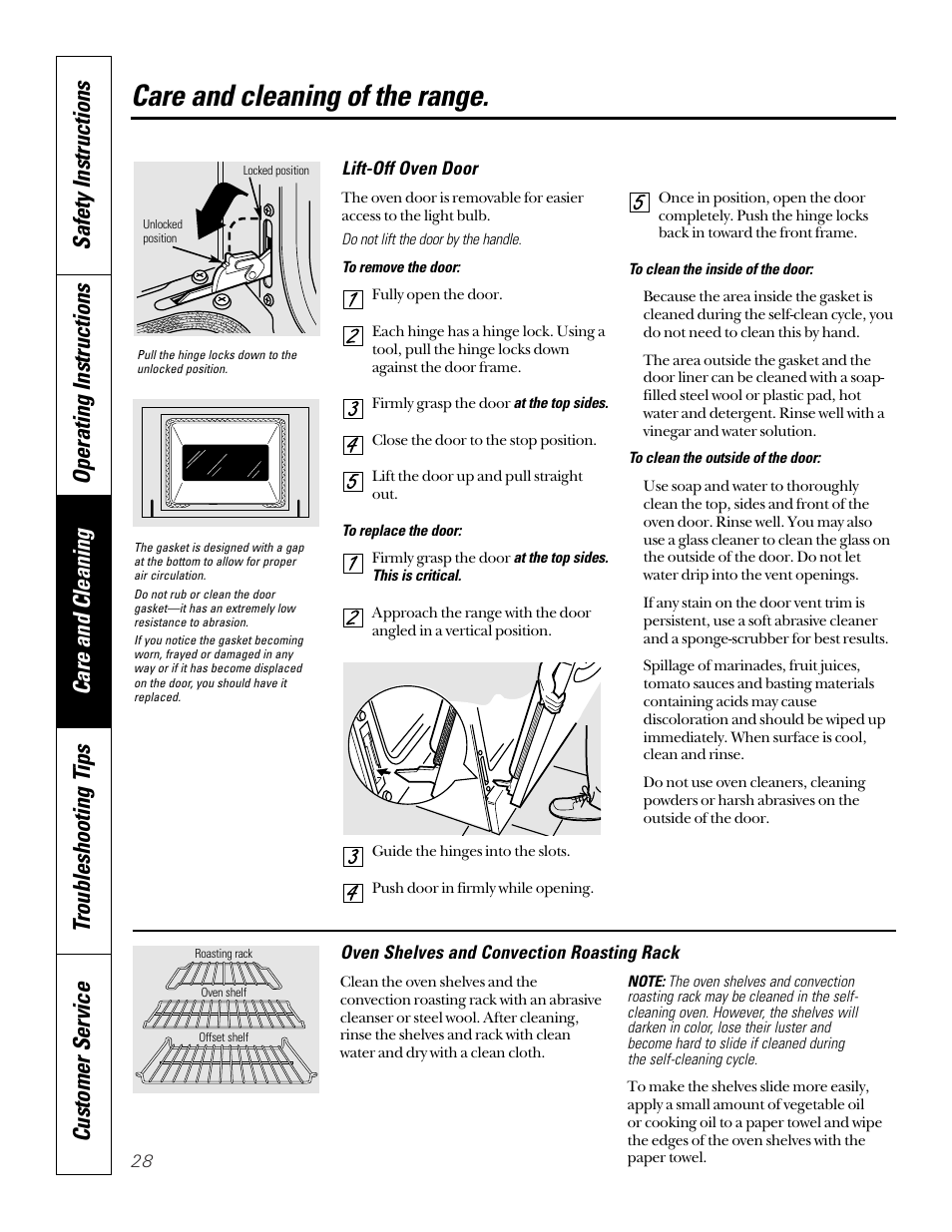 Lift-off oven door, Oven shelves, Care and cleaning of the range | Sharp JB940 User Manual | Page 28 / 40