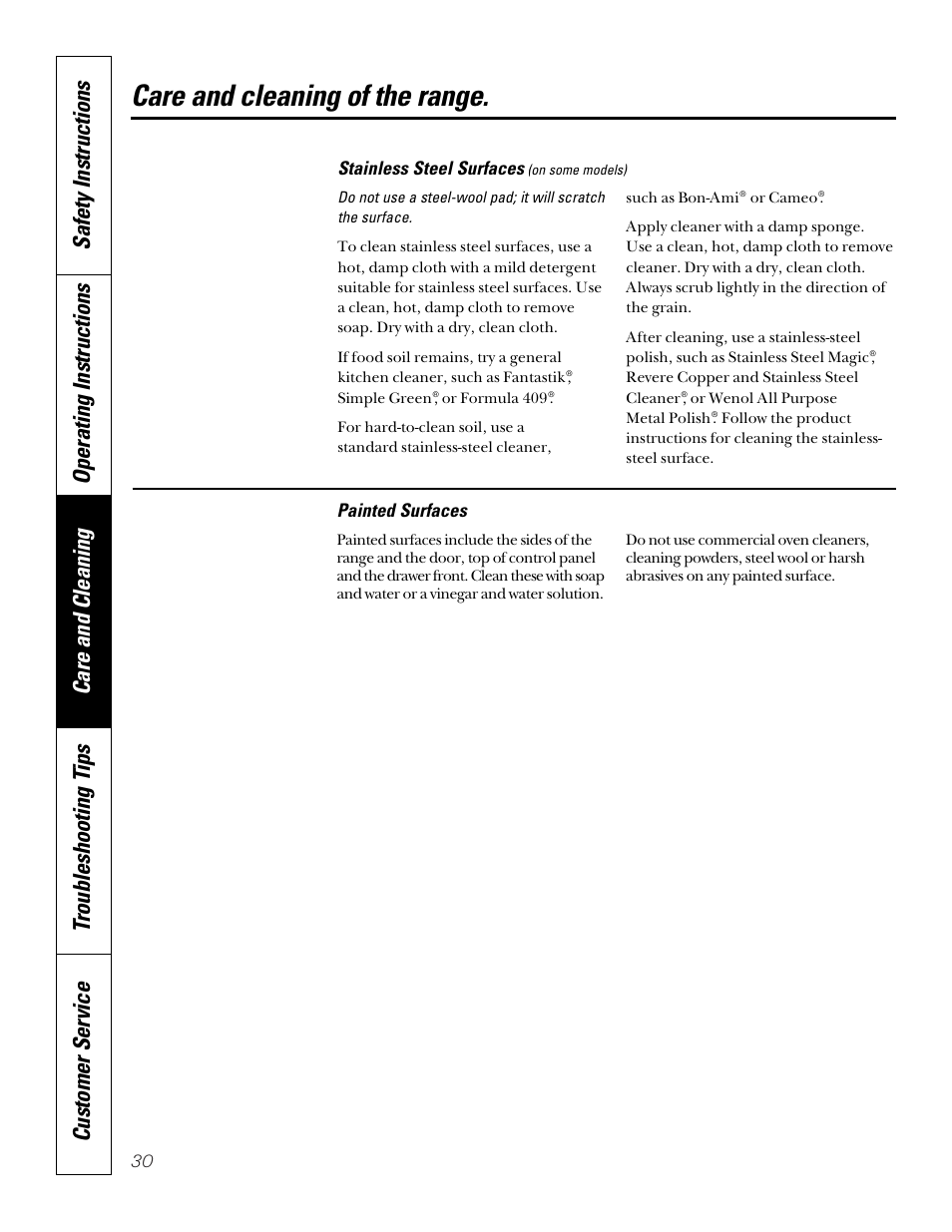 Surfaces, Care and cleaning of the range | Sharp JB940 User Manual | Page 30 / 40