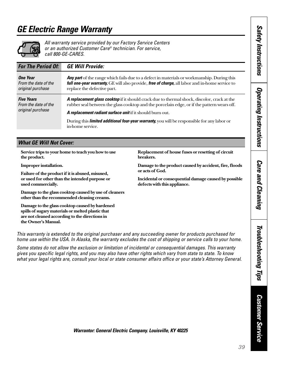 Warranty, Ge electric range warranty | Sharp JB940 User Manual | Page 39 / 40