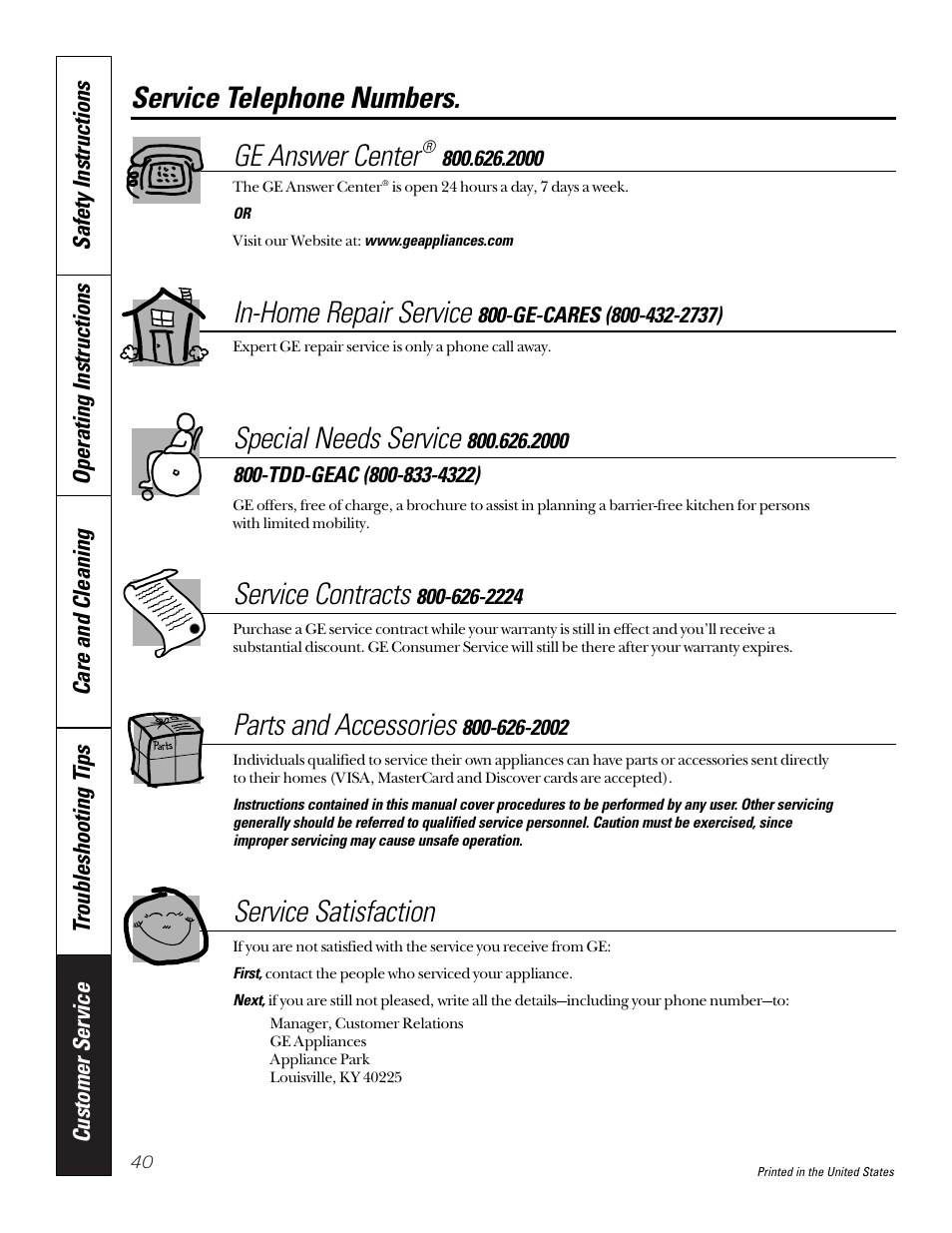 Service telephone numbers, Service telephone, Numbers . . . . . . . . . . . back cover | Service telephone numbers. ge answer center, In-home repair service, Special needs service, Service contracts, Parts and accessories, Service satisfaction | Sharp JB940 User Manual | Page 40 / 40