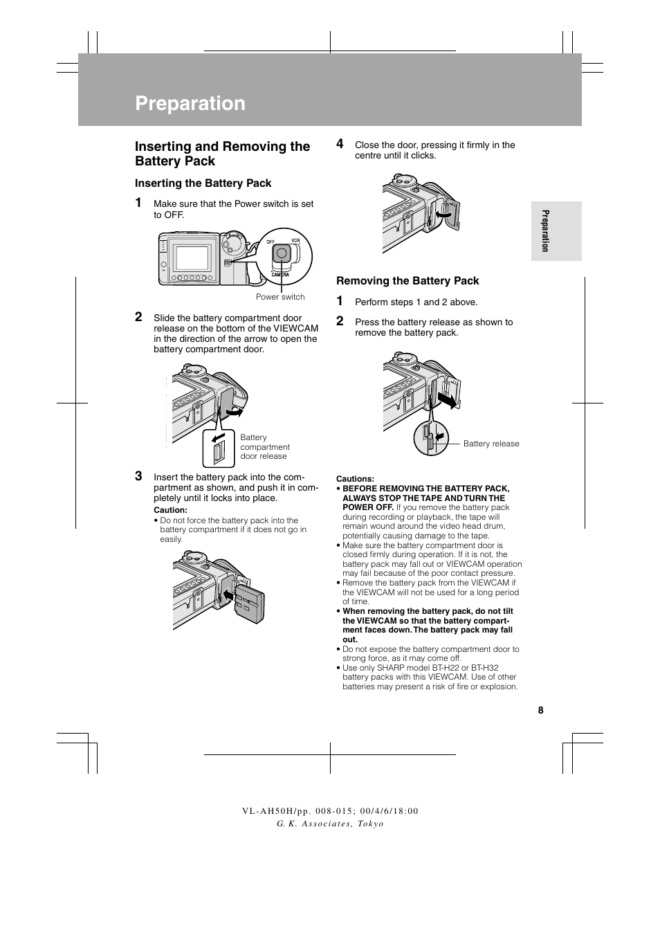 Preparation, Inserting and removing the battery pack | Sharp VL AH 50 H User Manual | Page 15 / 72
