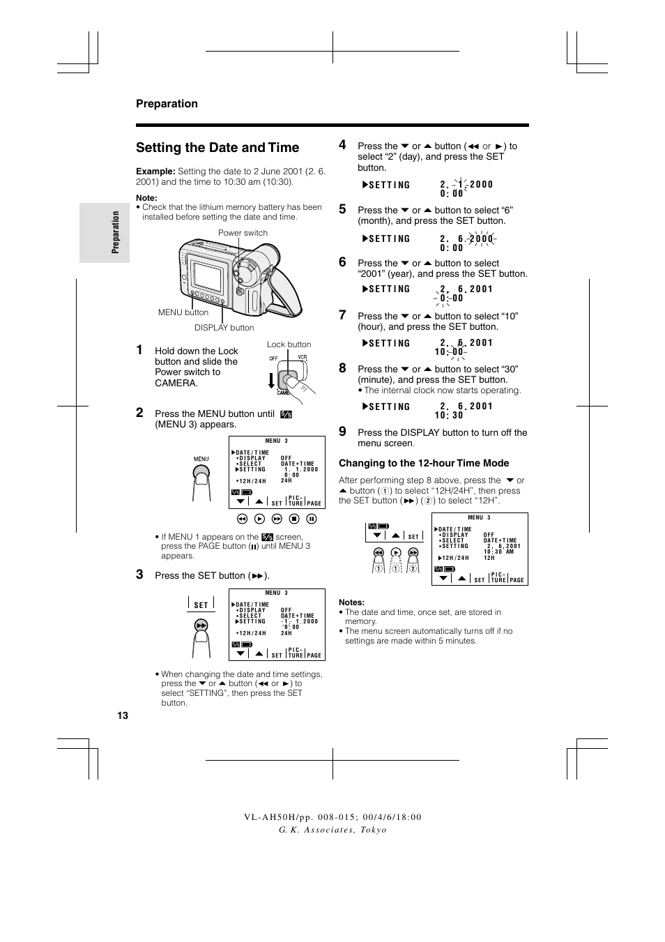 Setting the date and time, Preparation | Sharp VL AH 50 H User Manual | Page 20 / 72