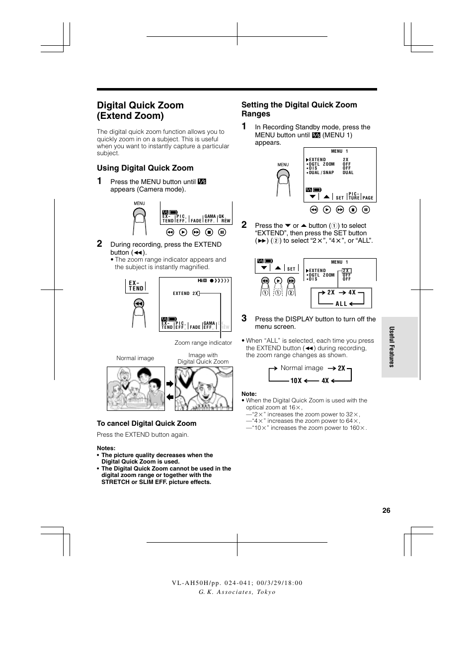 Digital quick zoom (extend zoom), Using digital quick zoom, Setting the digital quick zoom ranges | Sharp VL AH 50 H User Manual | Page 33 / 72