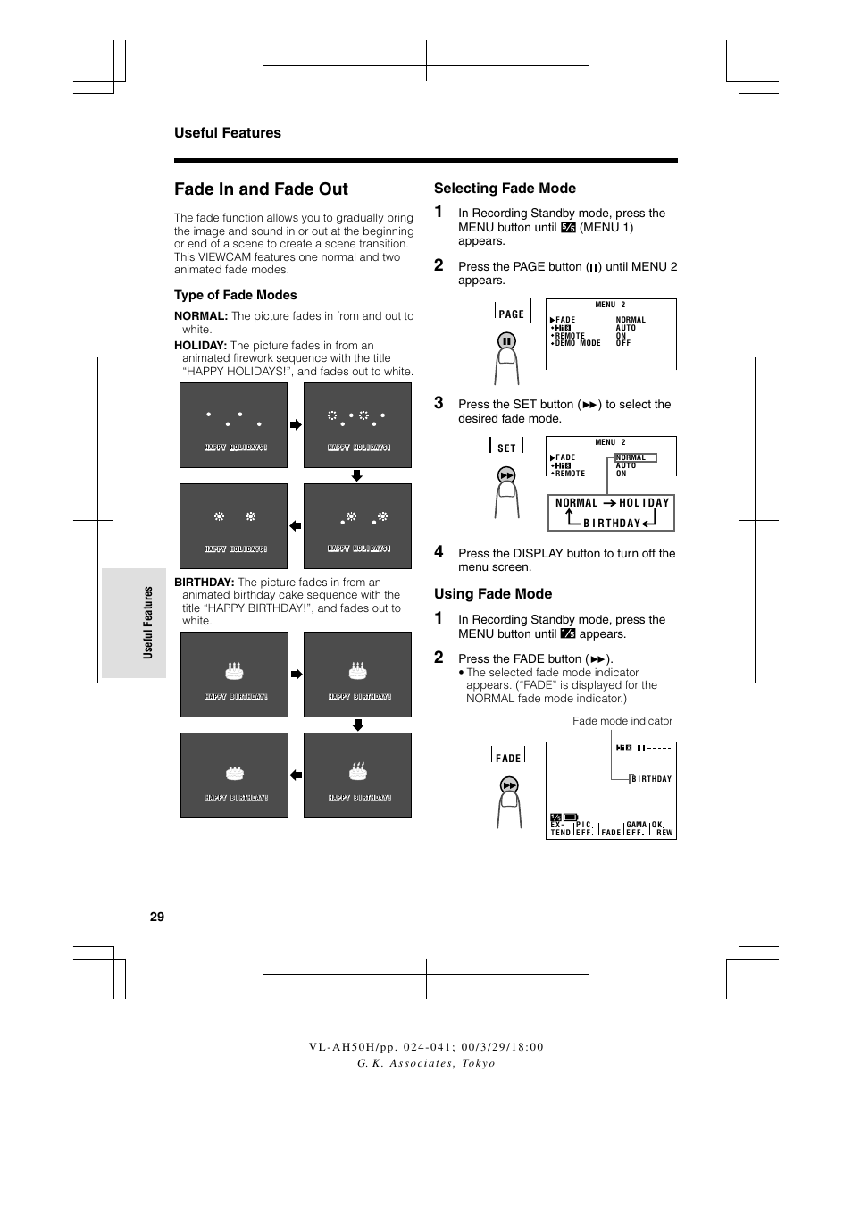 Fade in and fade out, Useful features, Selecting fade mode | Using fade mode | Sharp VL AH 50 H User Manual | Page 36 / 72