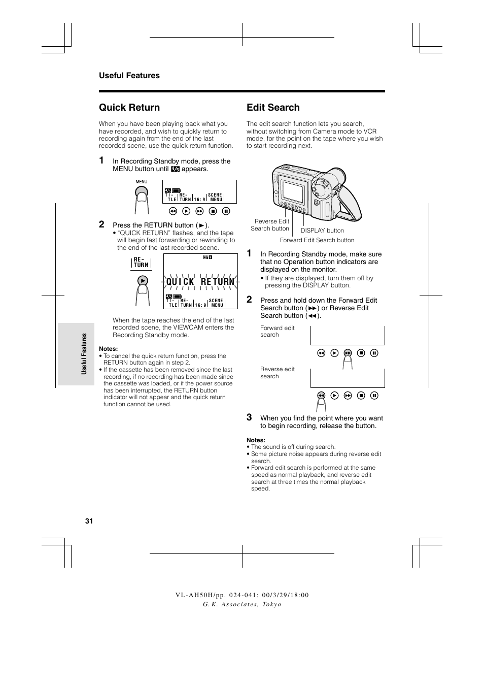 Edit search, Quick return, Qu i ck re turn | Useful features | Sharp VL AH 50 H User Manual | Page 38 / 72