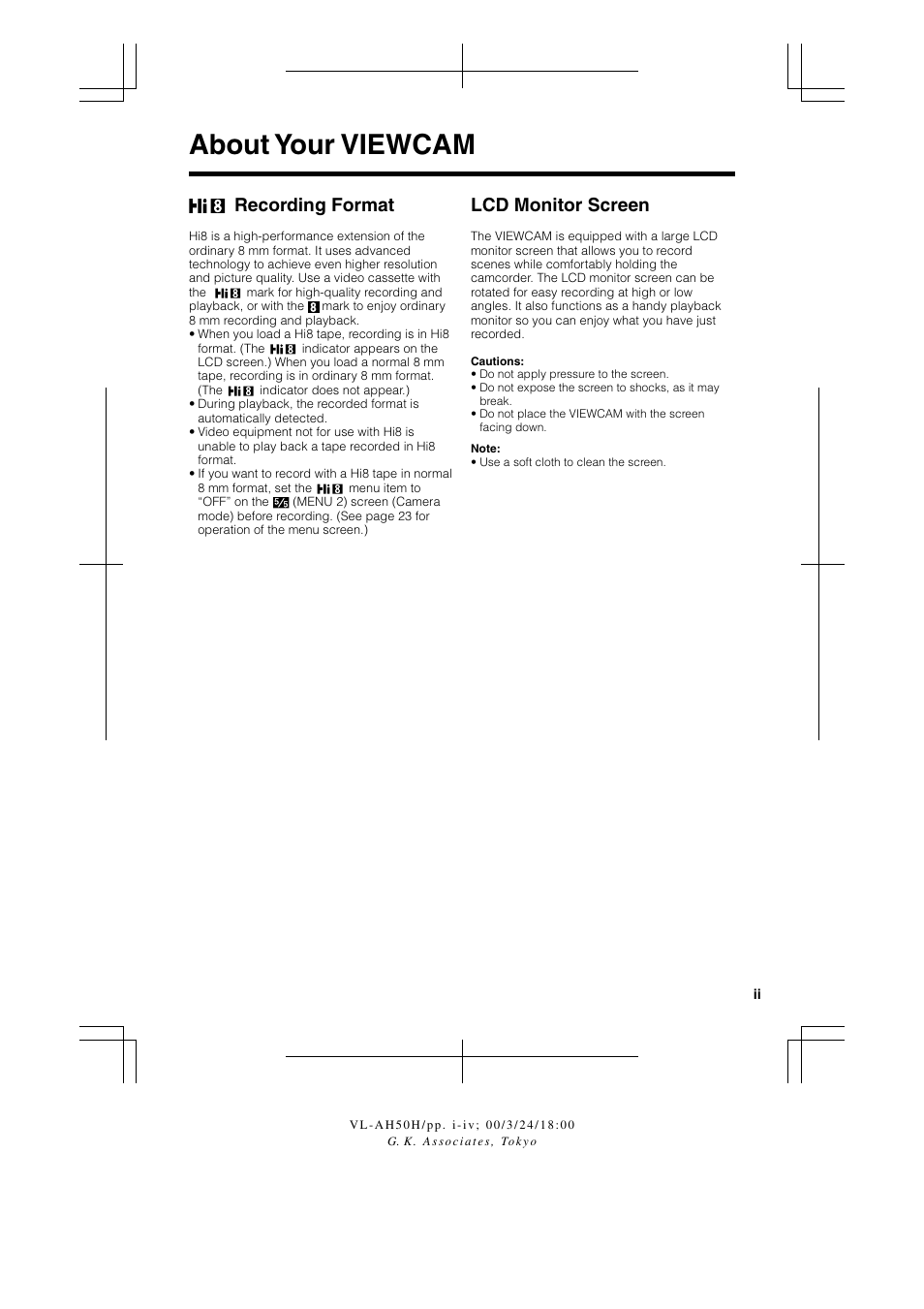 About your viewcam, Recording format, Lcd monitor screen | Sharp VL AH 50 H User Manual | Page 5 / 72