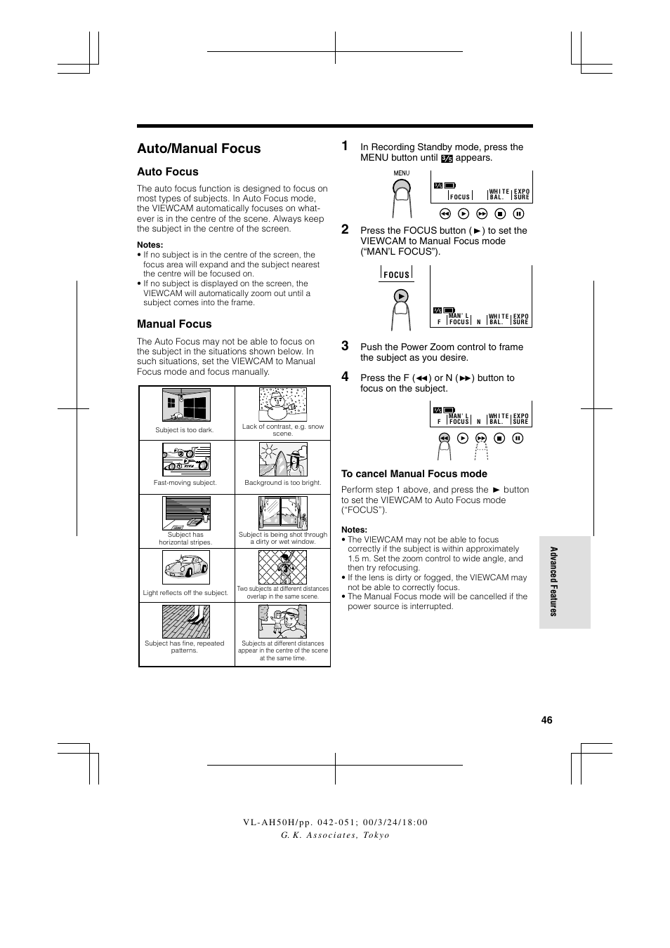 Auto/manual focus, Auto focus, Manual focus | Sharp VL AH 50 H User Manual | Page 53 / 72