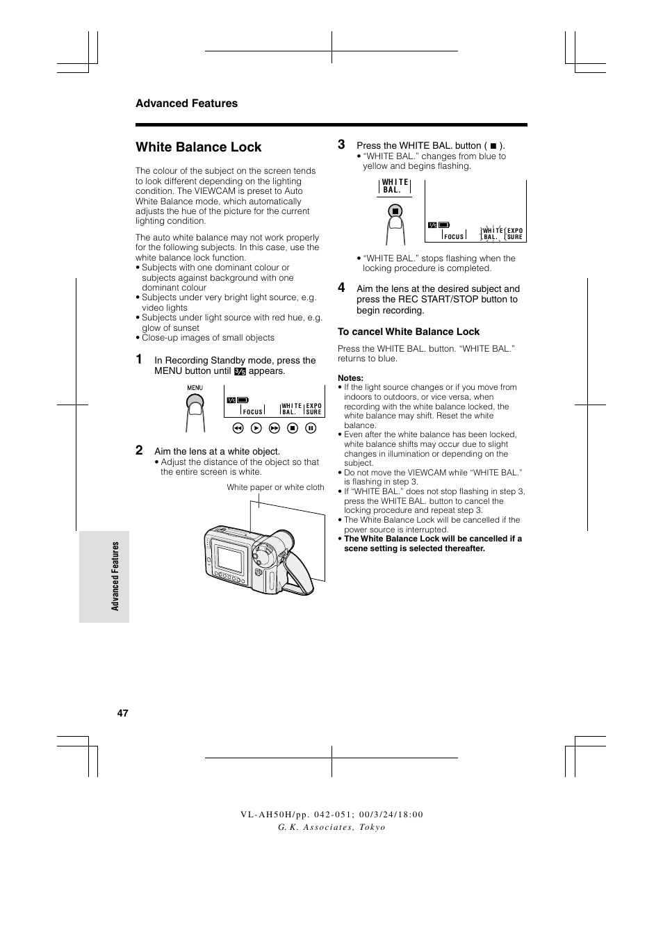 White balance lock, Advanced features | Sharp VL AH 50 H User Manual | Page 54 / 72