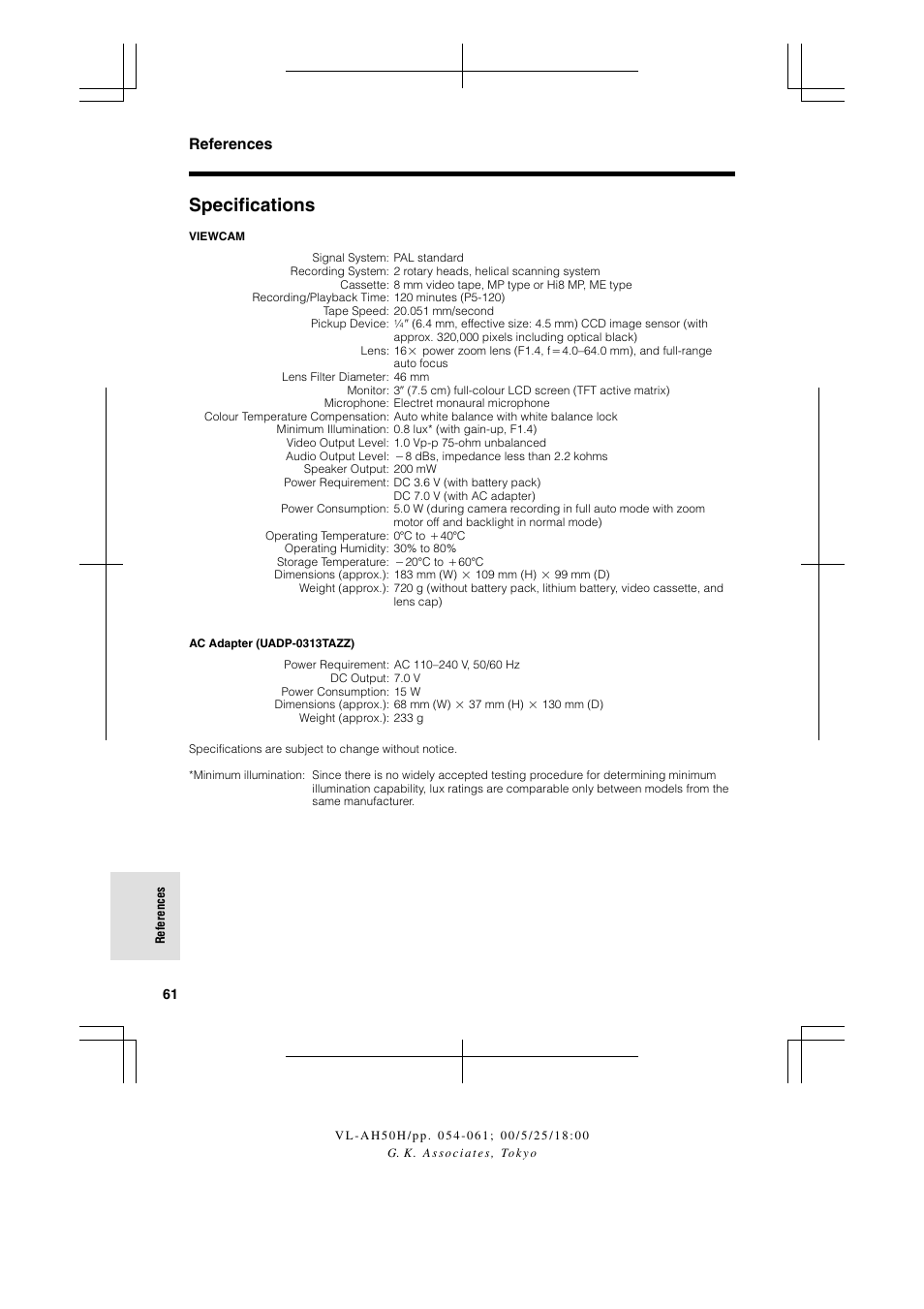 Specifications, References | Sharp VL AH 50 H User Manual | Page 68 / 72