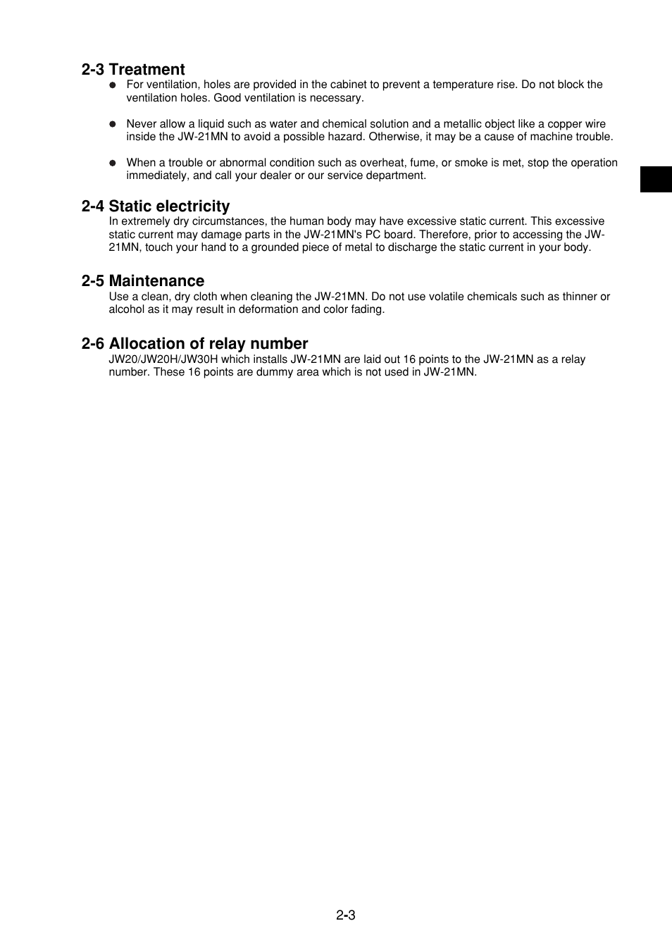 3 treatment, 4 static electricity, 5 maintenance | 6 allocation of relay number, 3 treatment -3, 4 static electricity -3, 5 maintenance -3, 6 allocation of relay number -3 | Sharp JW-21MN User Manual | Page 12 / 114