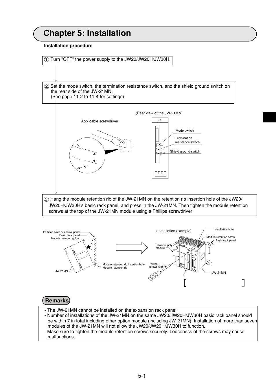Chapter 5: installation, Chapter 5: installation -1, Remarks | Sharp JW-21MN User Manual | Page 15 / 114