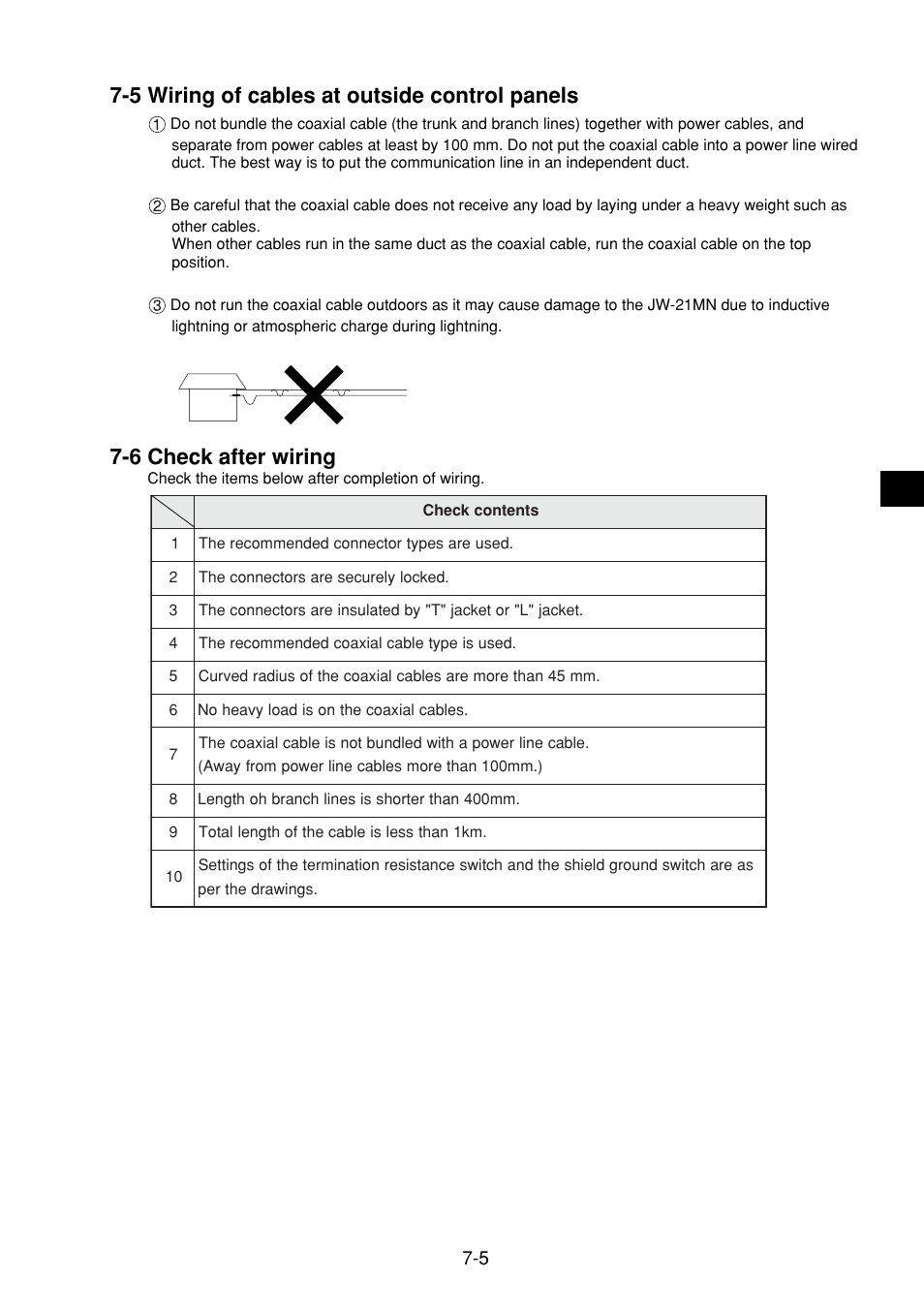 5 wiring of cables at outside control panels, 6 check after wiring, 5 wiring of cables at outside control panels -5 | 6 check after wiring -5 | Sharp JW-21MN User Manual | Page 26 / 114