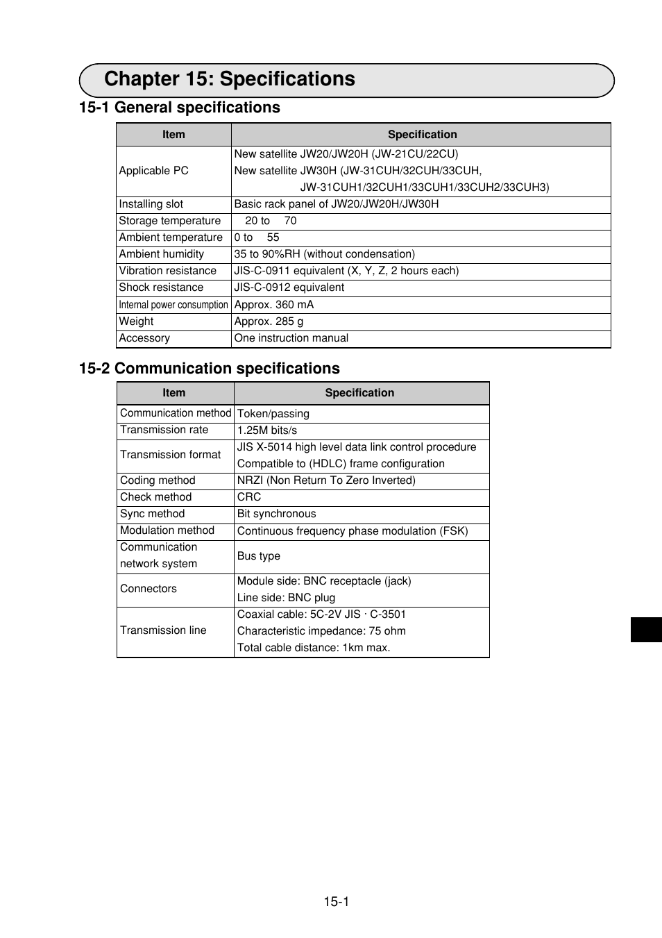 Chapter 15: specifications, 1 general specifications, 2 communication specifications | Chapter 15: specifications -1 to 3, 1 general specifications -1, 2 communication specifications -1 | Sharp JW-21MN User Manual | Page 93 / 114