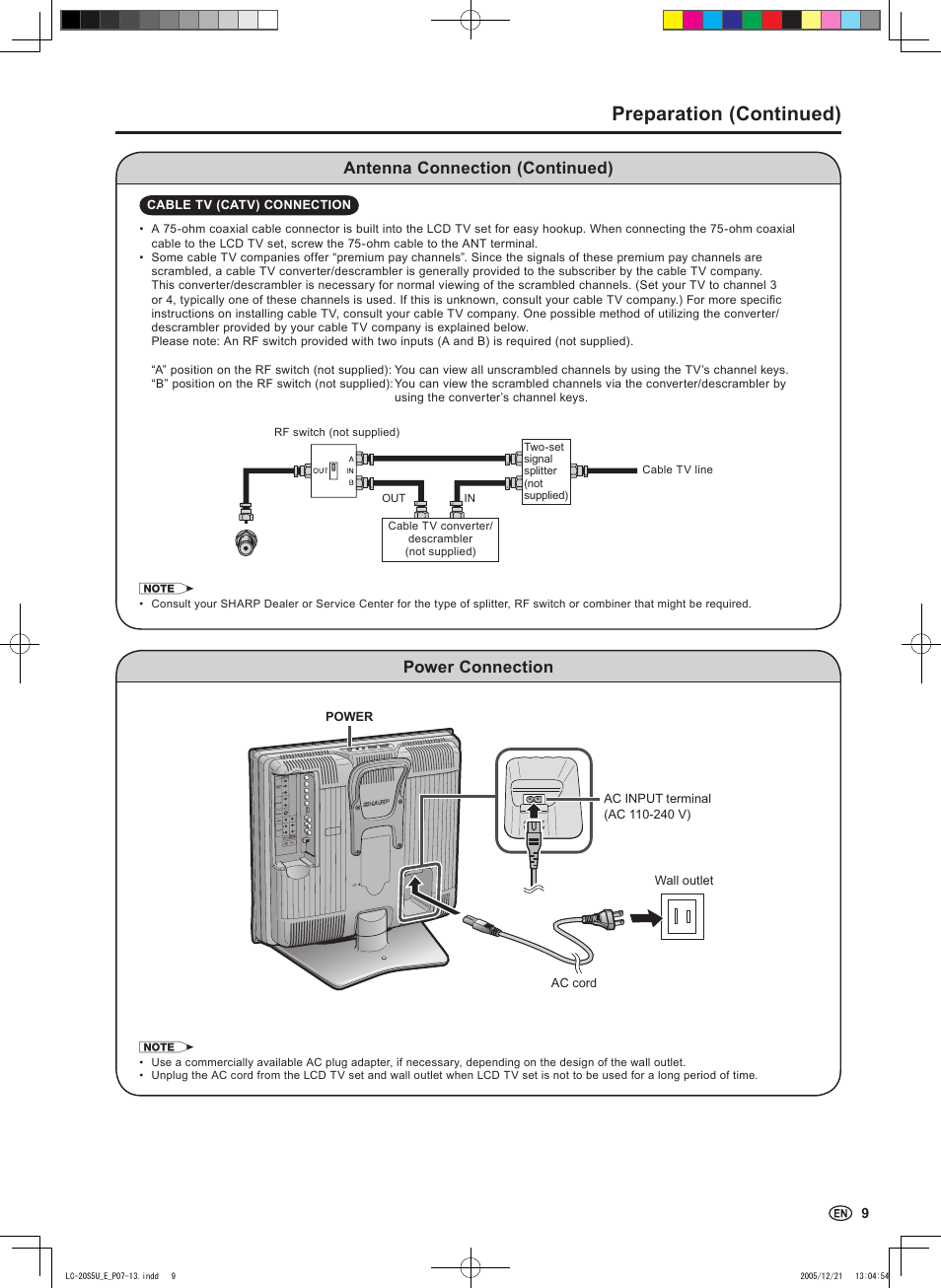 Preparation (continued), Antenna connection (continued), Power connection | Sharp Aquos LC 20S5U User Manual | Page 11 / 39