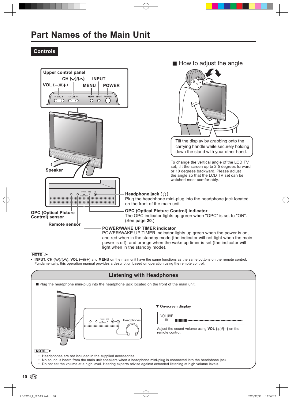Part names of the main unit, How to adjust the angle, Controls | Listening with headphones | Sharp Aquos LC 20S5U User Manual | Page 12 / 39