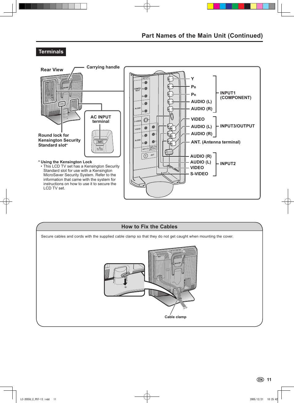 Part names of the main unit (continued), Terminals, How to fix the cables | Sharp Aquos LC 20S5U User Manual | Page 13 / 39