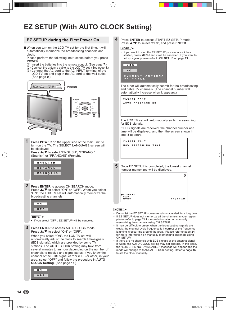 Ez setup (with auto clock setting), Ez setup during the first power on | Sharp Aquos LC 20S5U User Manual | Page 16 / 39