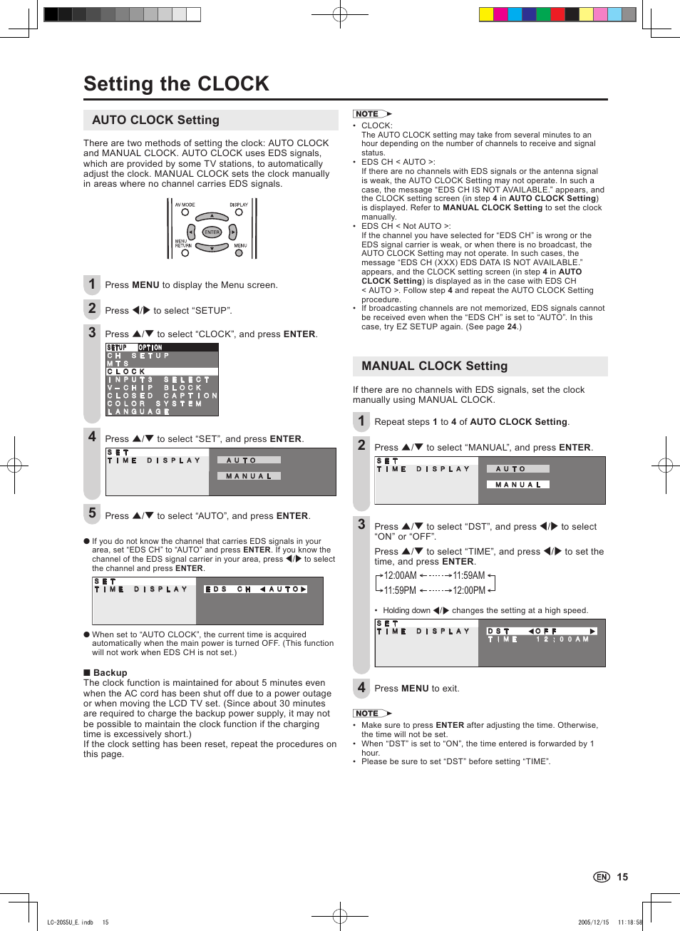 Setting the clock, Auto clock setting, Manual clock setting | Sharp Aquos LC 20S5U User Manual | Page 17 / 39