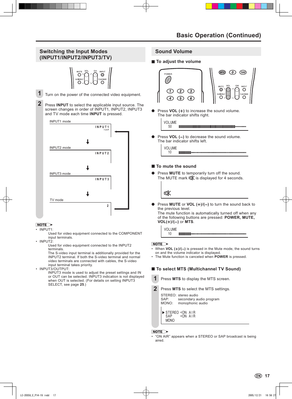 Basic operation (continued), Sound volume | Sharp Aquos LC 20S5U User Manual | Page 19 / 39