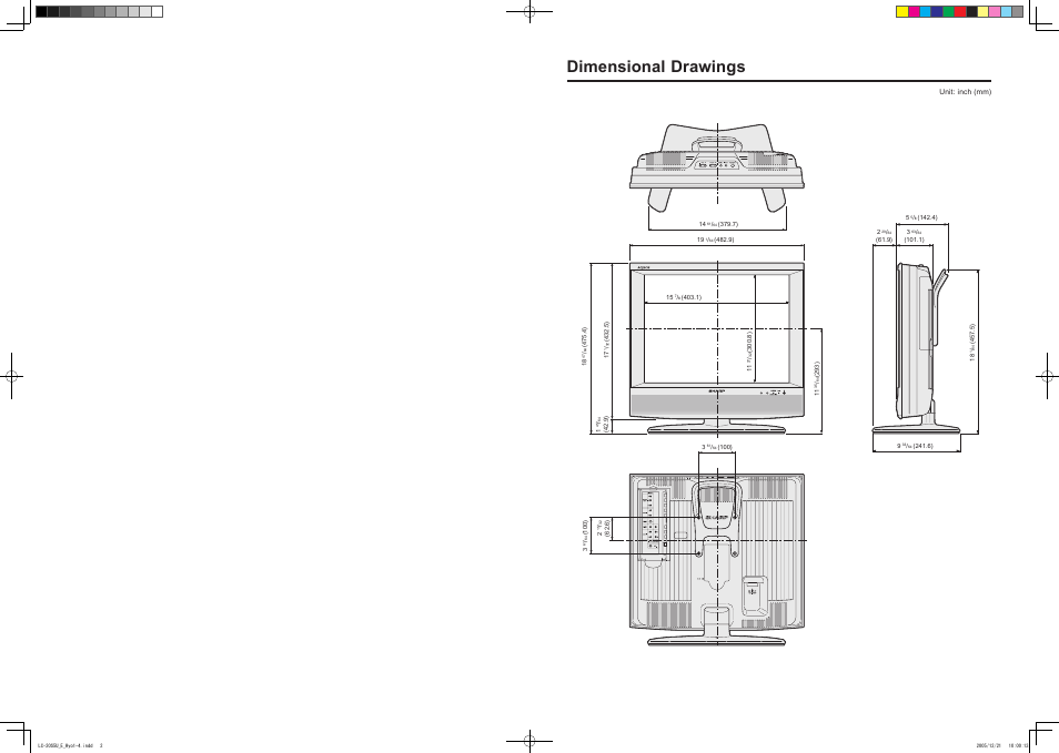 Dimensional drawings | Sharp Aquos LC 20S5U User Manual | Page 2 / 39