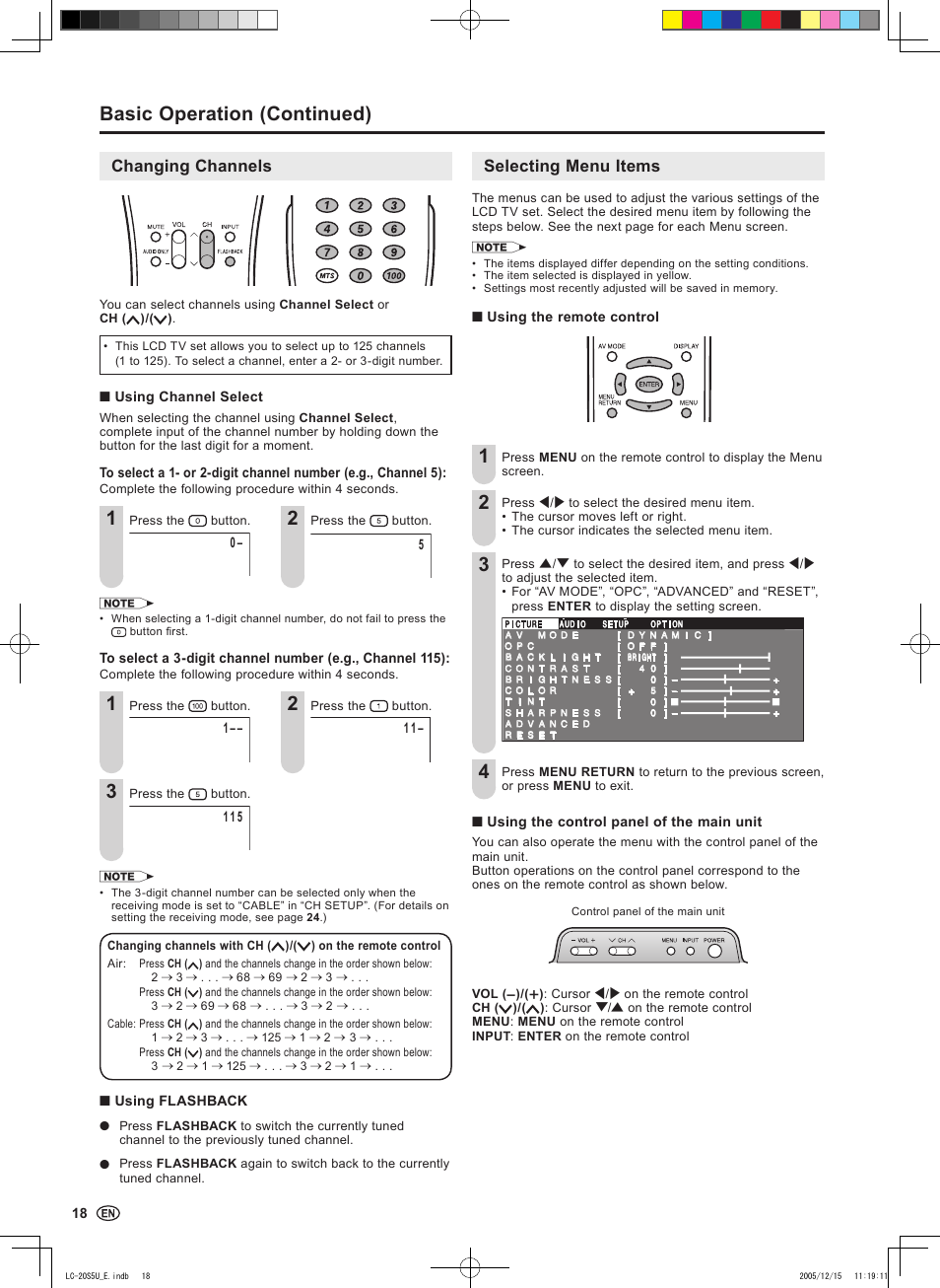 Basic operation (continued), Changing channels, Selecting menu items | Sharp Aquos LC 20S5U User Manual | Page 20 / 39