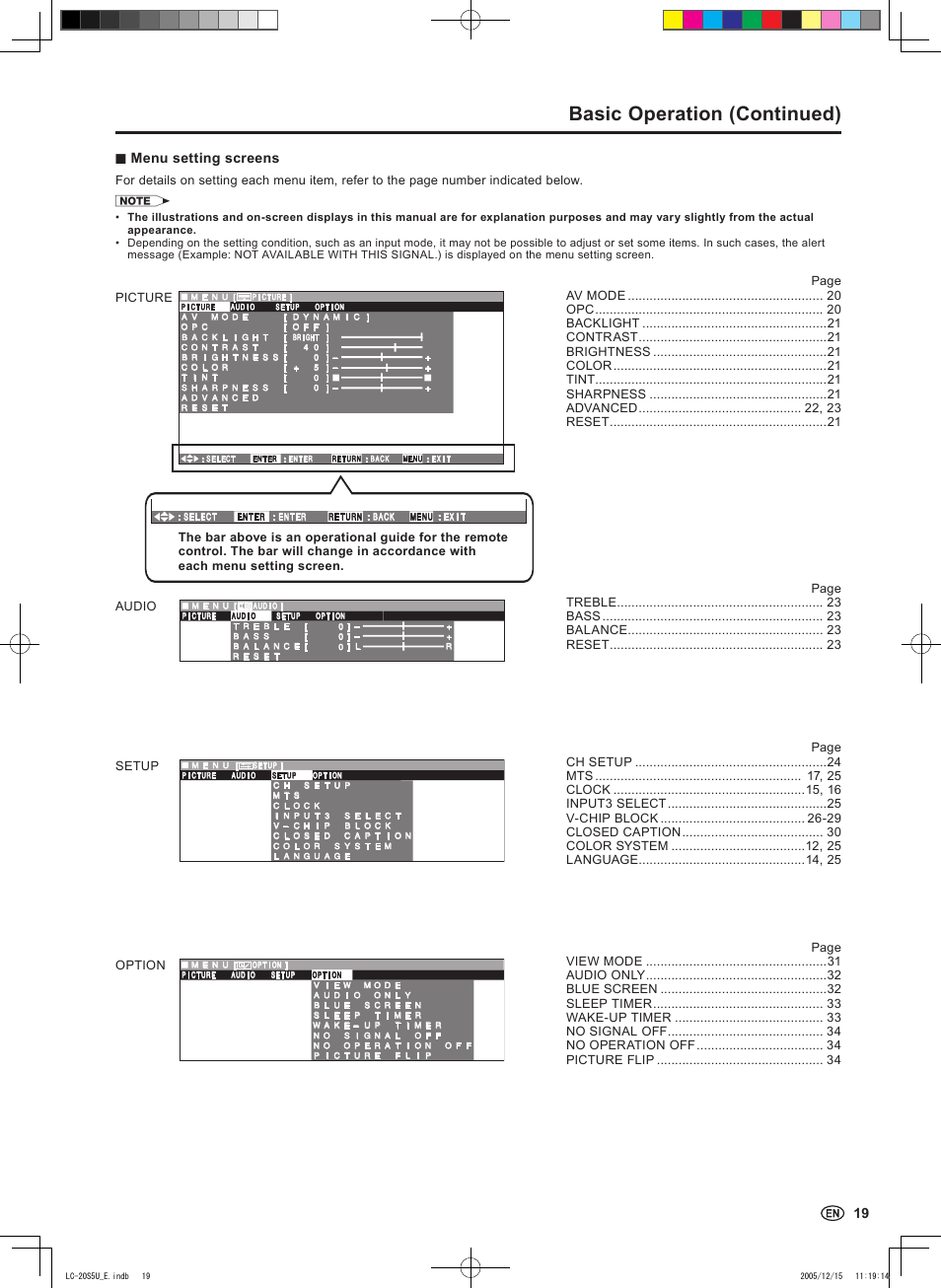 Basic operation (continued), Menu setting screens | Sharp Aquos LC 20S5U User Manual | Page 21 / 39