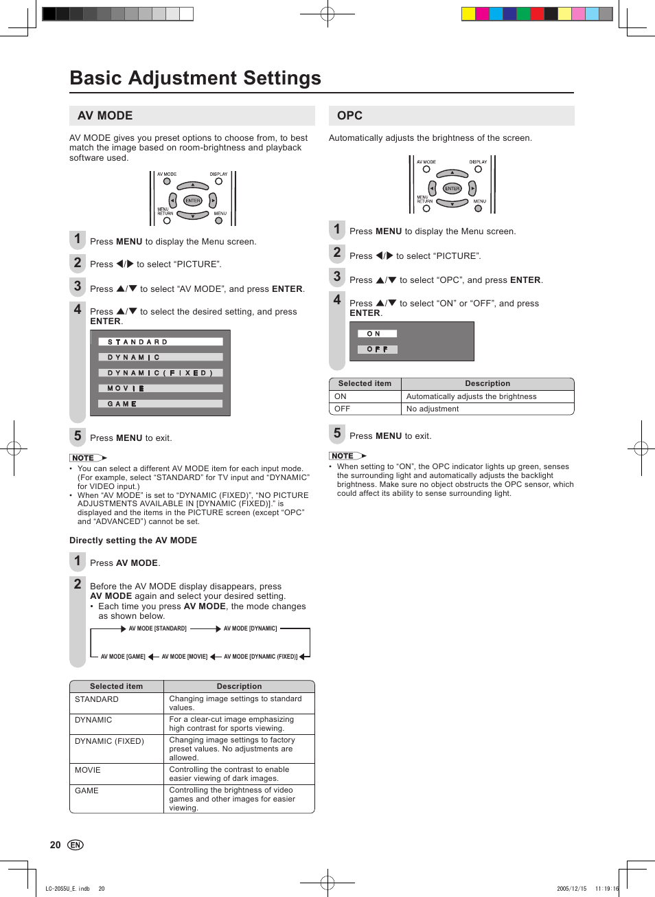 Basic adjustment settings, Av mode | Sharp Aquos LC 20S5U User Manual | Page 22 / 39