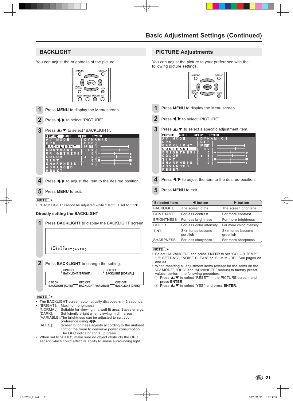 Basic adjustment settings (continued), Backlight, Picture adjustments | Sharp Aquos LC 20S5U User Manual | Page 23 / 39
