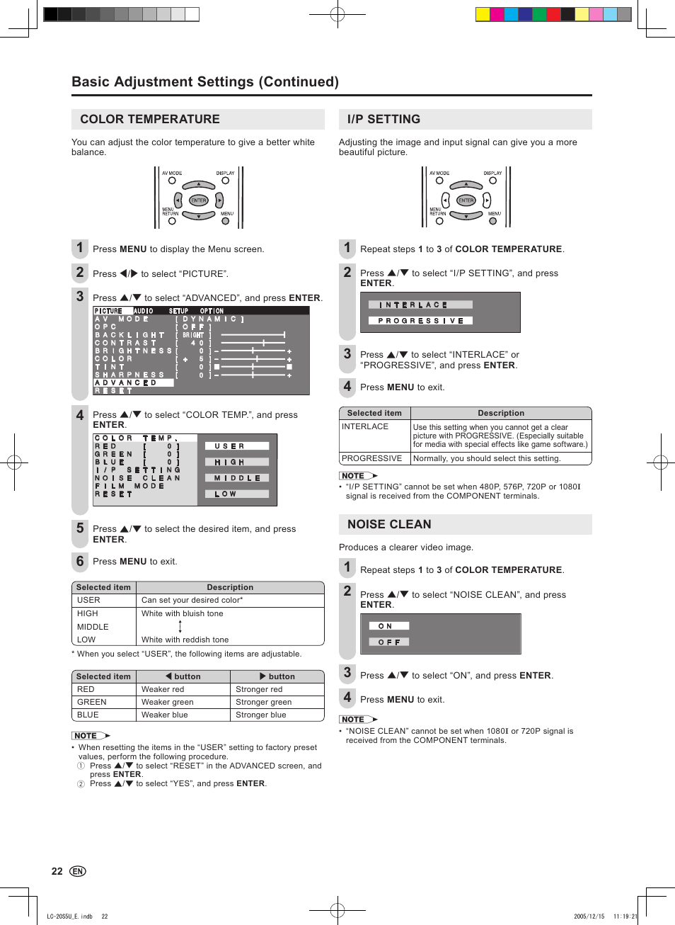 Basic adjustment settings (continued), Color temperature, I/p setting | Noise clean | Sharp Aquos LC 20S5U User Manual | Page 24 / 39