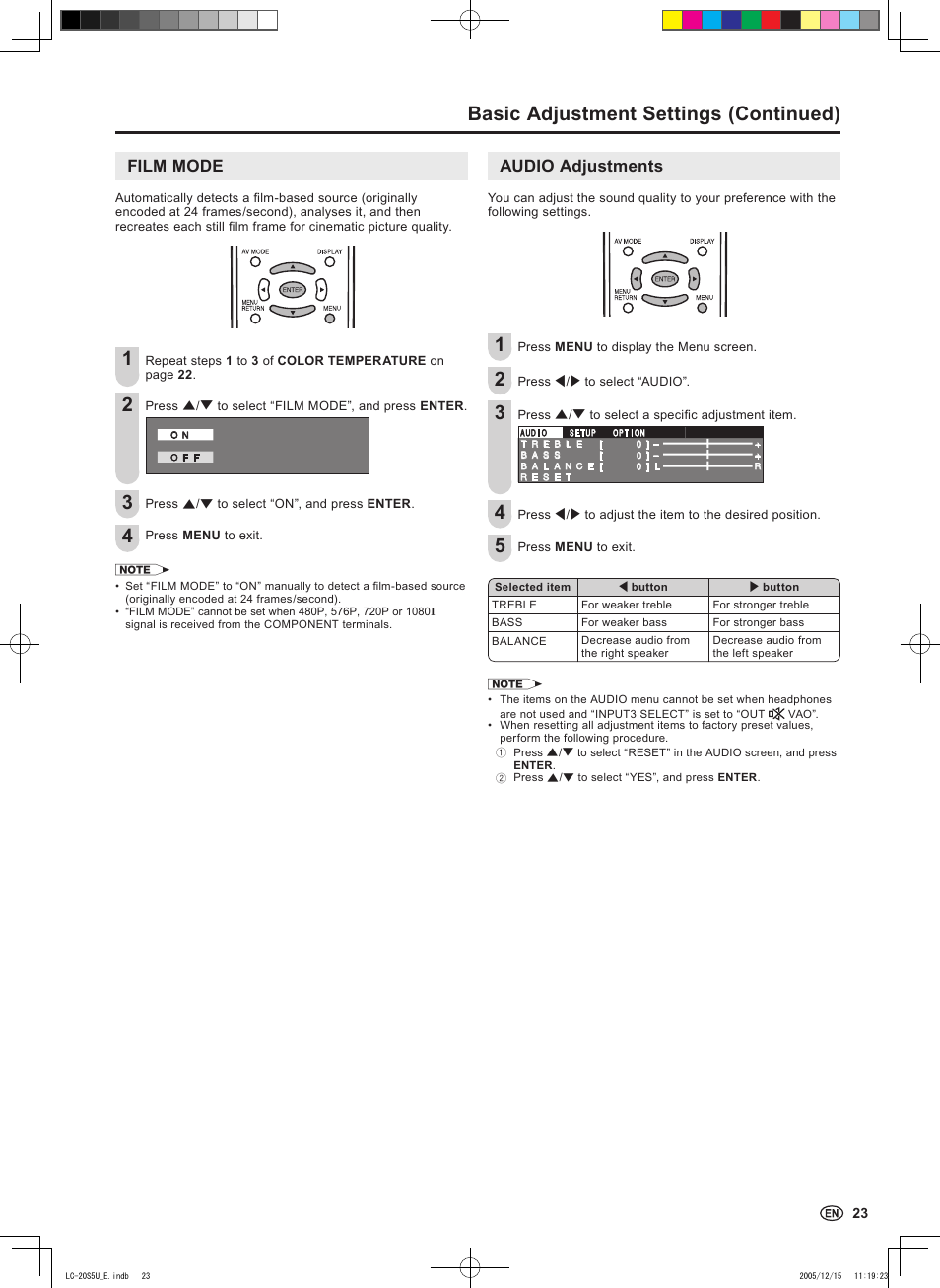 Basic adjustment settings (continued), Audio adjustments, Film mode | Sharp Aquos LC 20S5U User Manual | Page 25 / 39