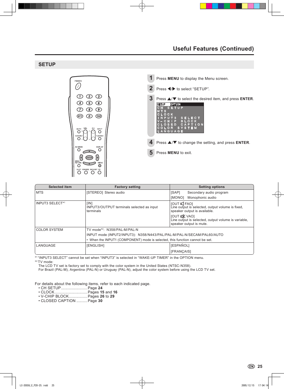 Useful features (continued), Setup | Sharp Aquos LC 20S5U User Manual | Page 27 / 39