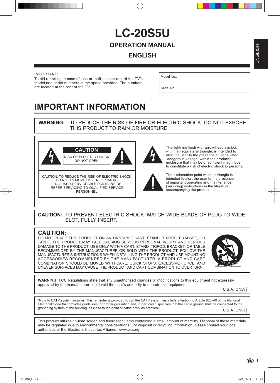 Important information, Operation manual, English | Caution | Sharp Aquos LC 20S5U User Manual | Page 3 / 39