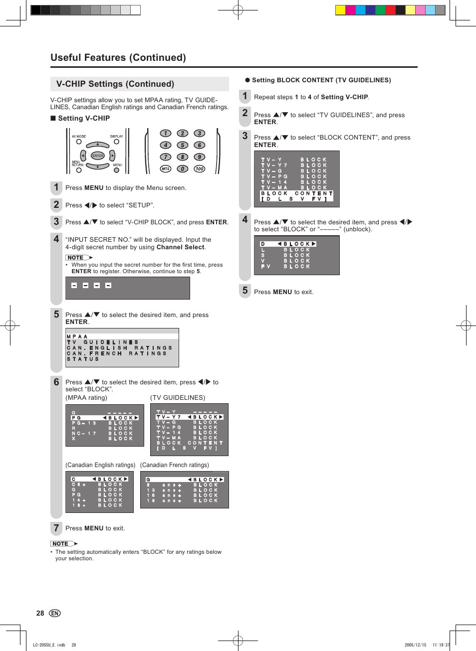 Useful features (continued), V-chip settings (continued) | Sharp Aquos LC 20S5U User Manual | Page 30 / 39