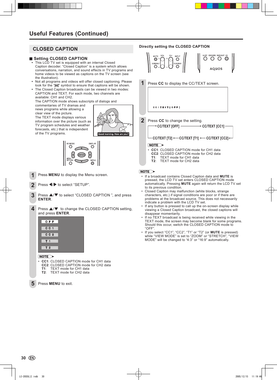 Useful features (continued), Closed caption | Sharp Aquos LC 20S5U User Manual | Page 32 / 39