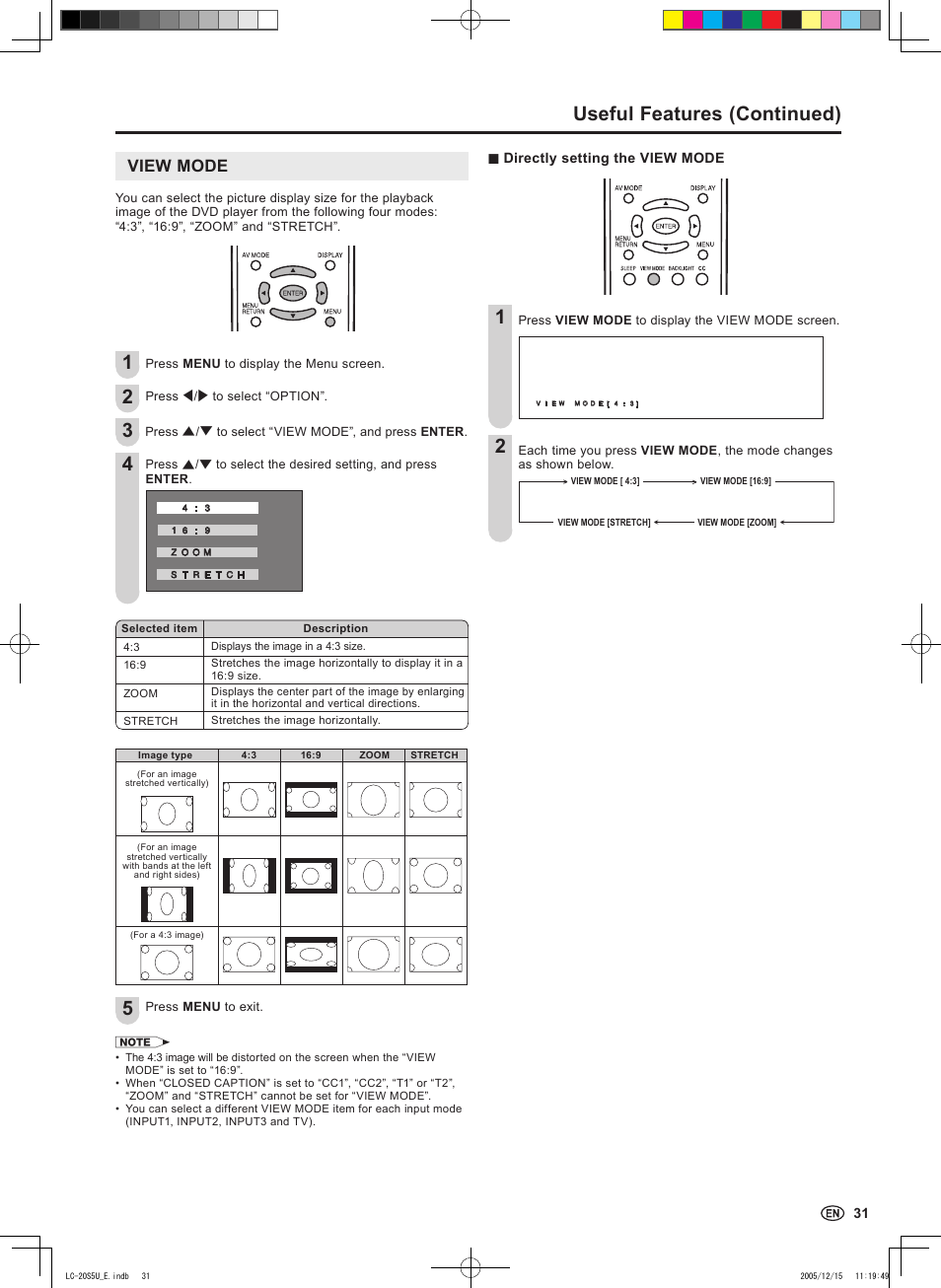 Useful features (continued), View mode | Sharp Aquos LC 20S5U User Manual | Page 33 / 39