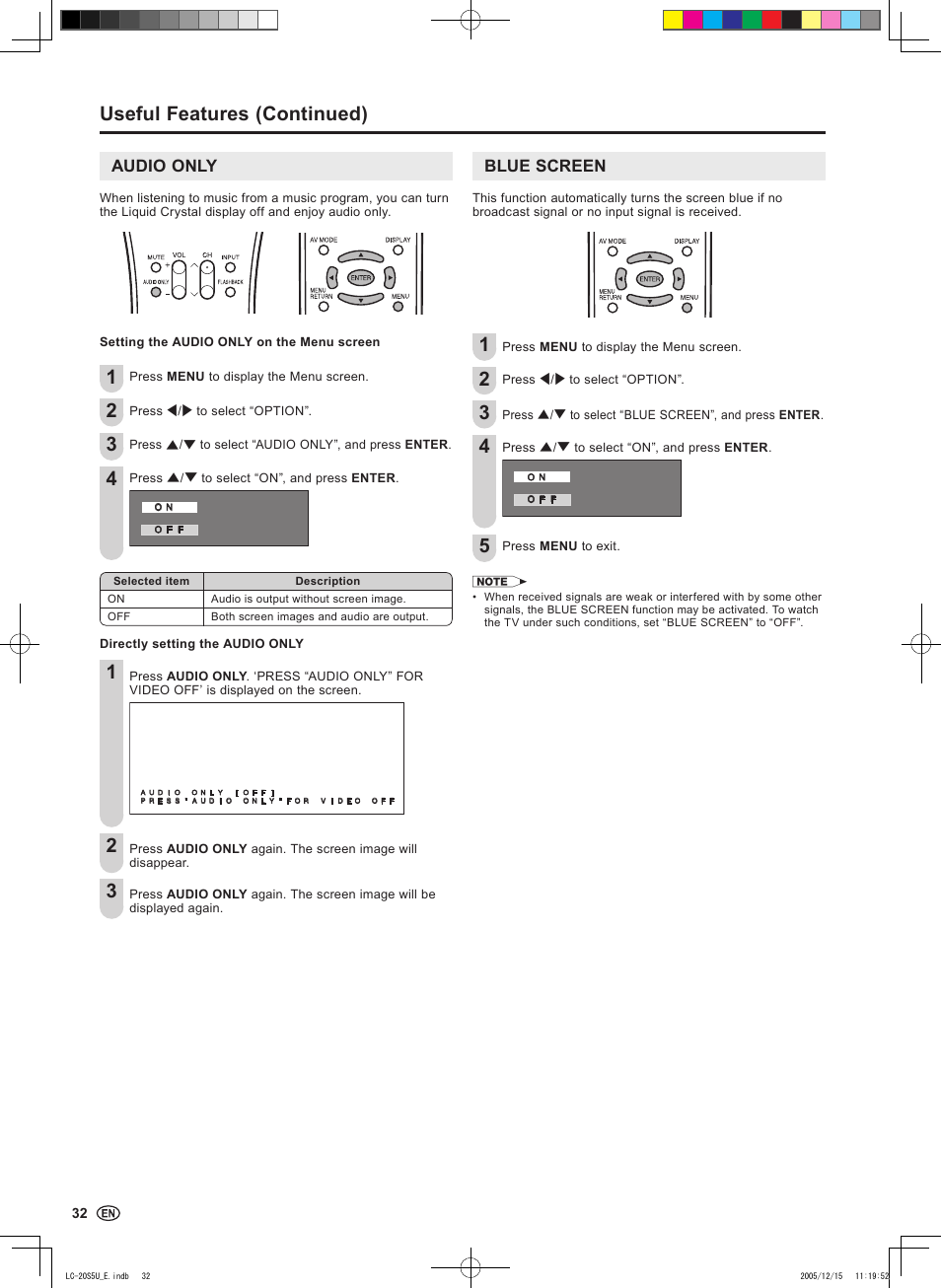 Useful features (continued), Audio only, Blue screen | Sharp Aquos LC 20S5U User Manual | Page 34 / 39