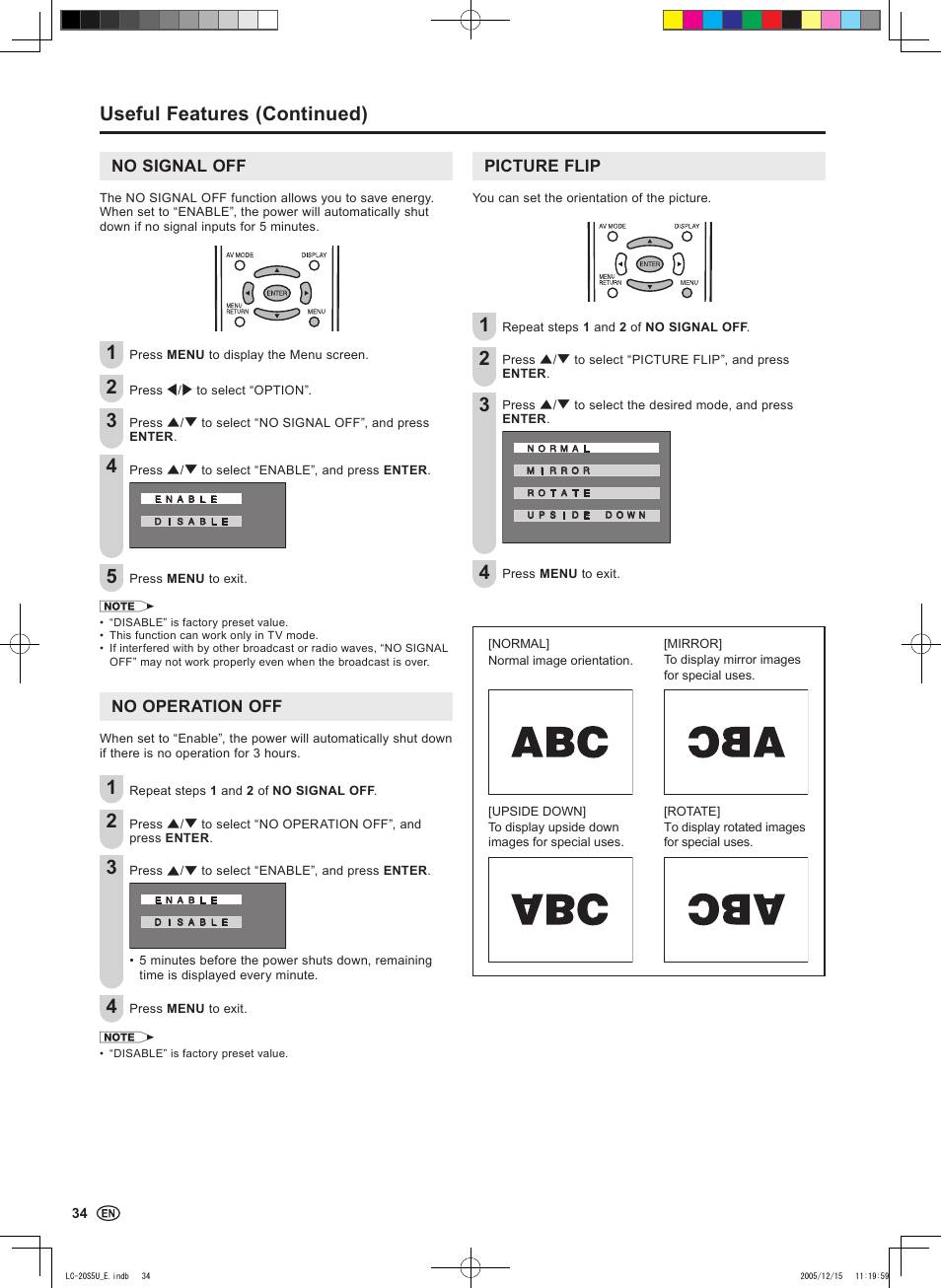 Useful features (continued), No signal off, No operation off | Picture flip | Sharp Aquos LC 20S5U User Manual | Page 36 / 39