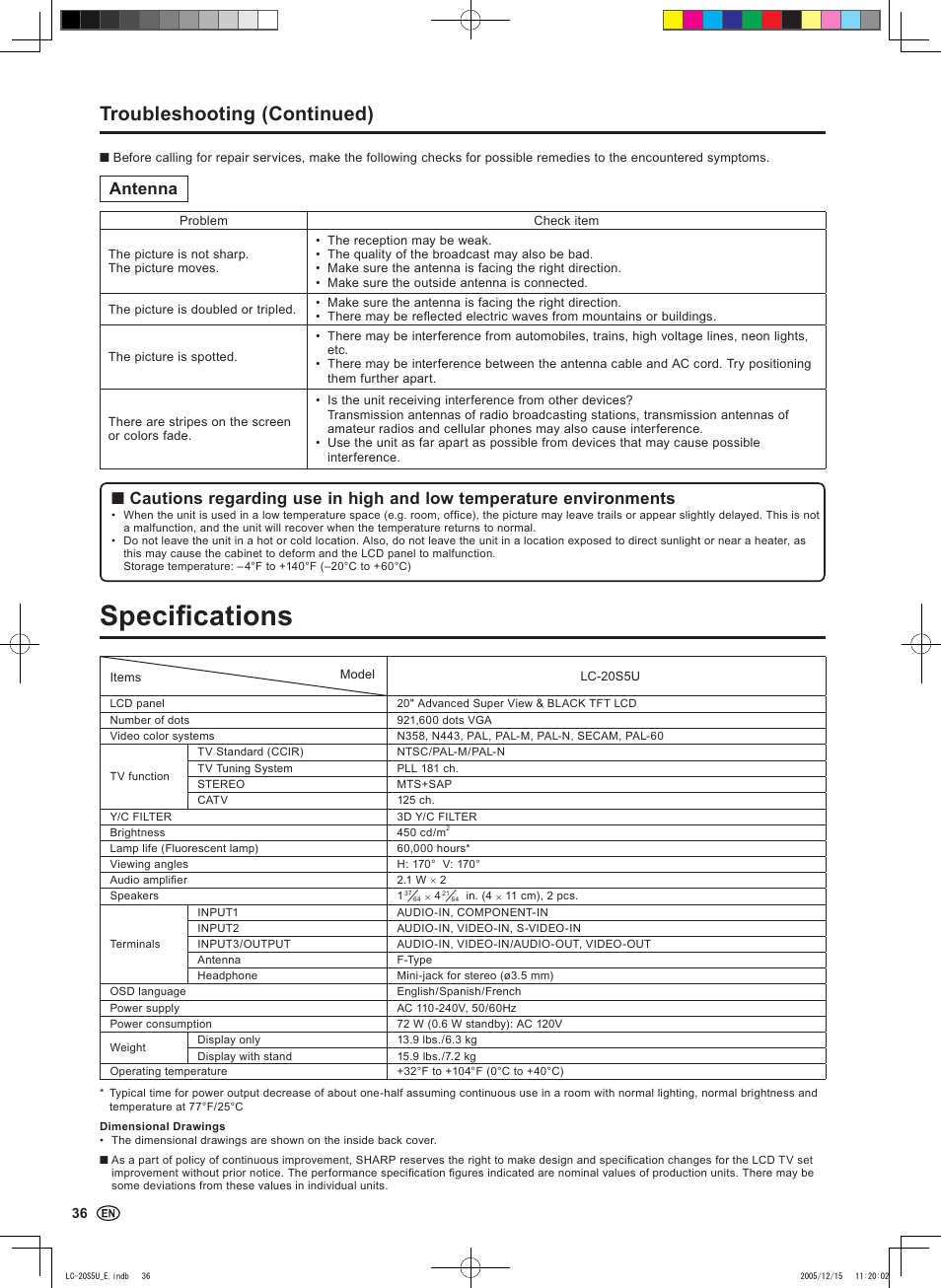 Speciﬁcations, Troubleshooting (continued), Antenna | Sharp Aquos LC 20S5U User Manual | Page 38 / 39