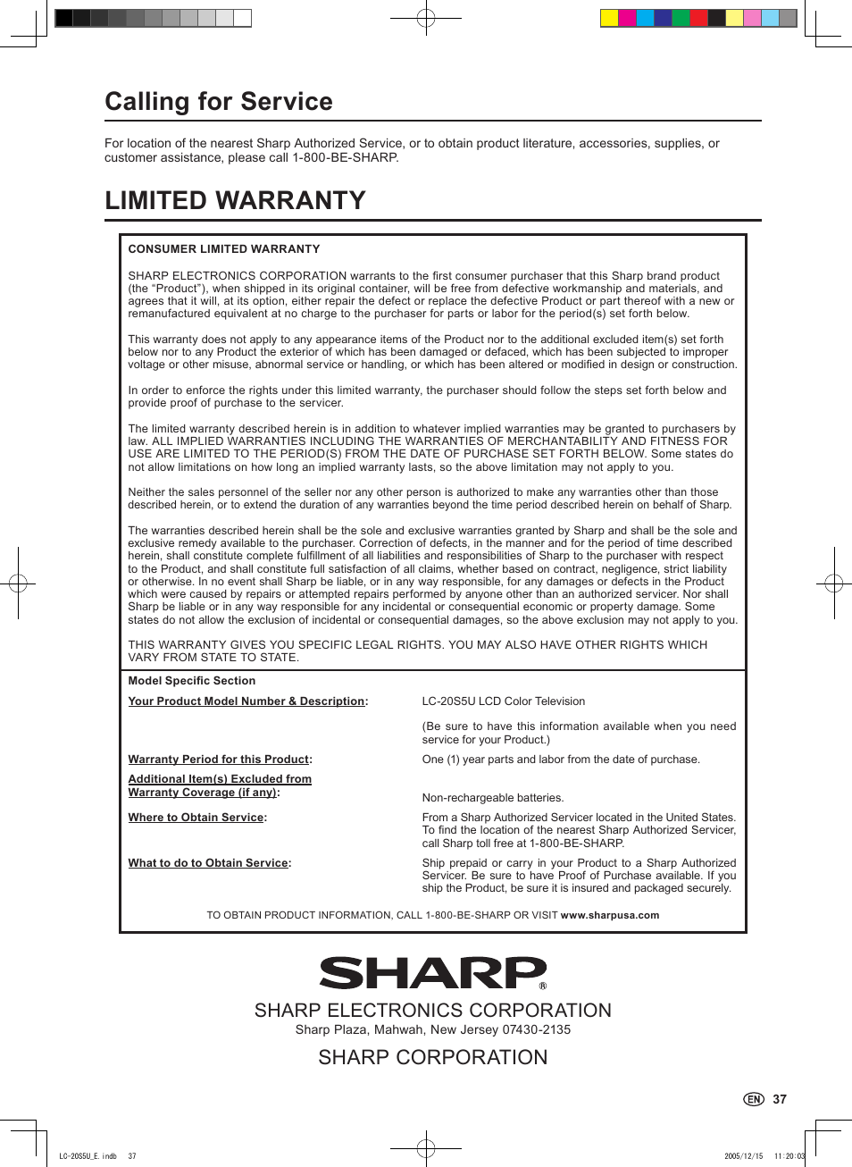 Calling for service, Limited warranty, Sharp corporation | Sharp electronics corporation | Sharp Aquos LC 20S5U User Manual | Page 39 / 39
