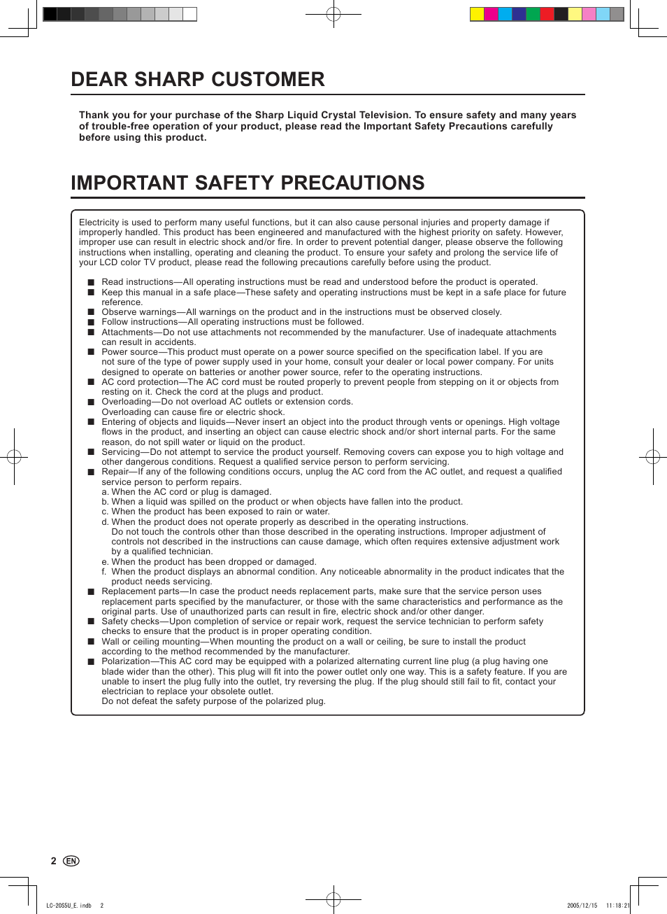 Dear sharp customer, Important safety precautions | Sharp Aquos LC 20S5U User Manual | Page 4 / 39