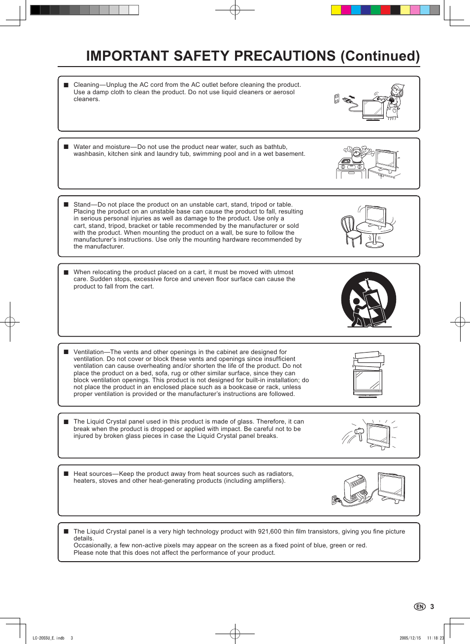 Important safety precautions (continued) | Sharp Aquos LC 20S5U User Manual | Page 5 / 39