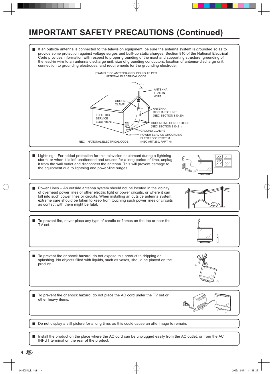 Important safety precautions (continued) | Sharp Aquos LC 20S5U User Manual | Page 6 / 39