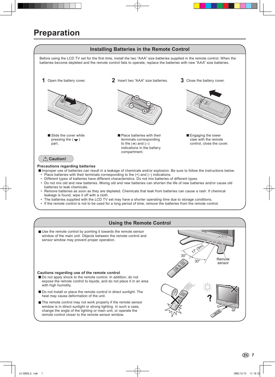 Preparation, Installing batteries in the remote control, Using the remote control | Sharp Aquos LC 20S5U User Manual | Page 9 / 39