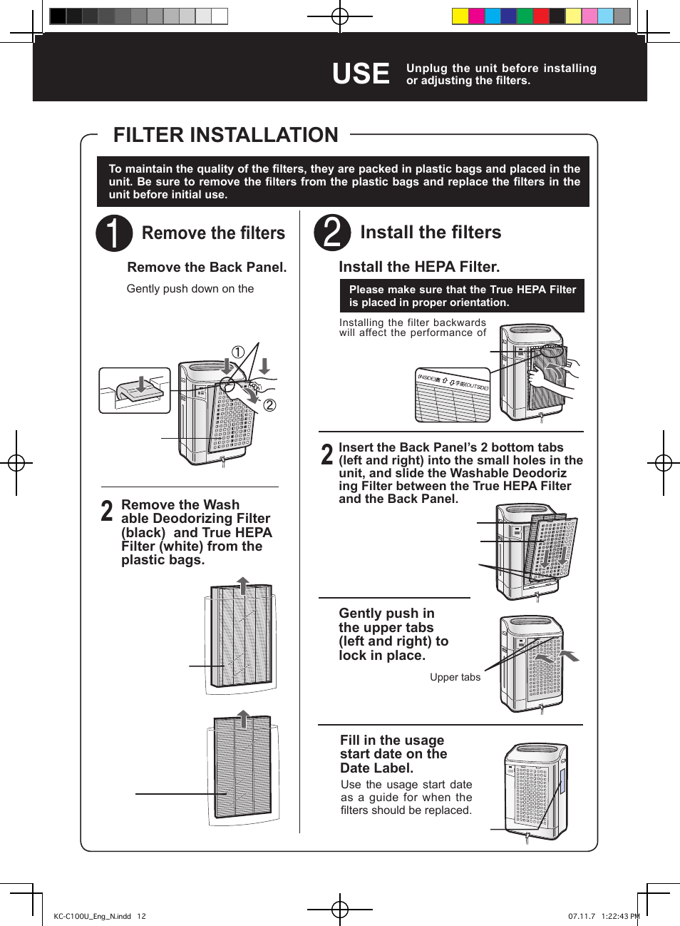 Preparation for use 2 1, Filter installation, Install the filters | Remove the filters | Sharp KC-C100U User Manual | Page 12 / 64