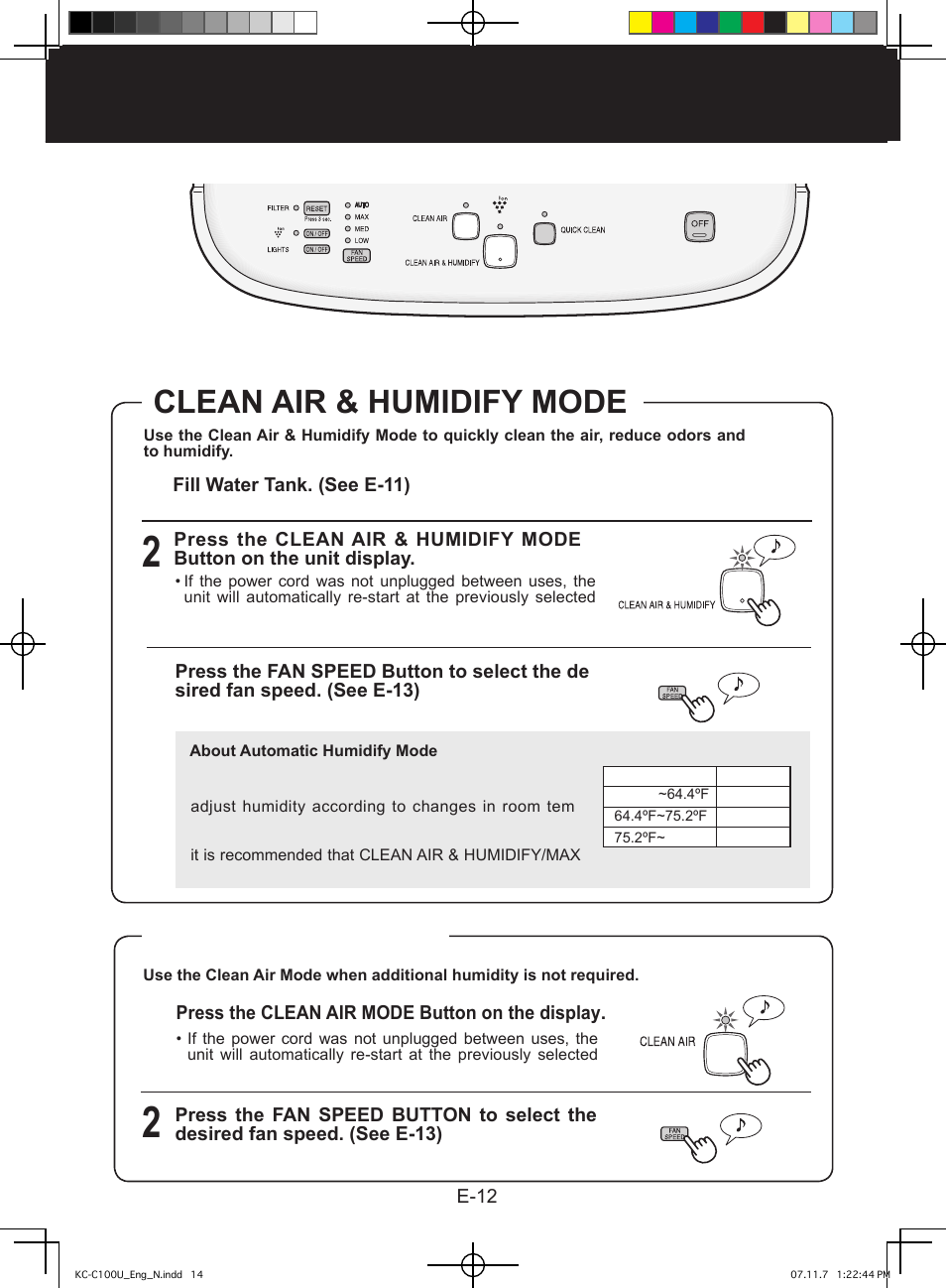 Operation, Clean air & humidify mode, Clean air mode | Sharp KC-C100U User Manual | Page 14 / 64